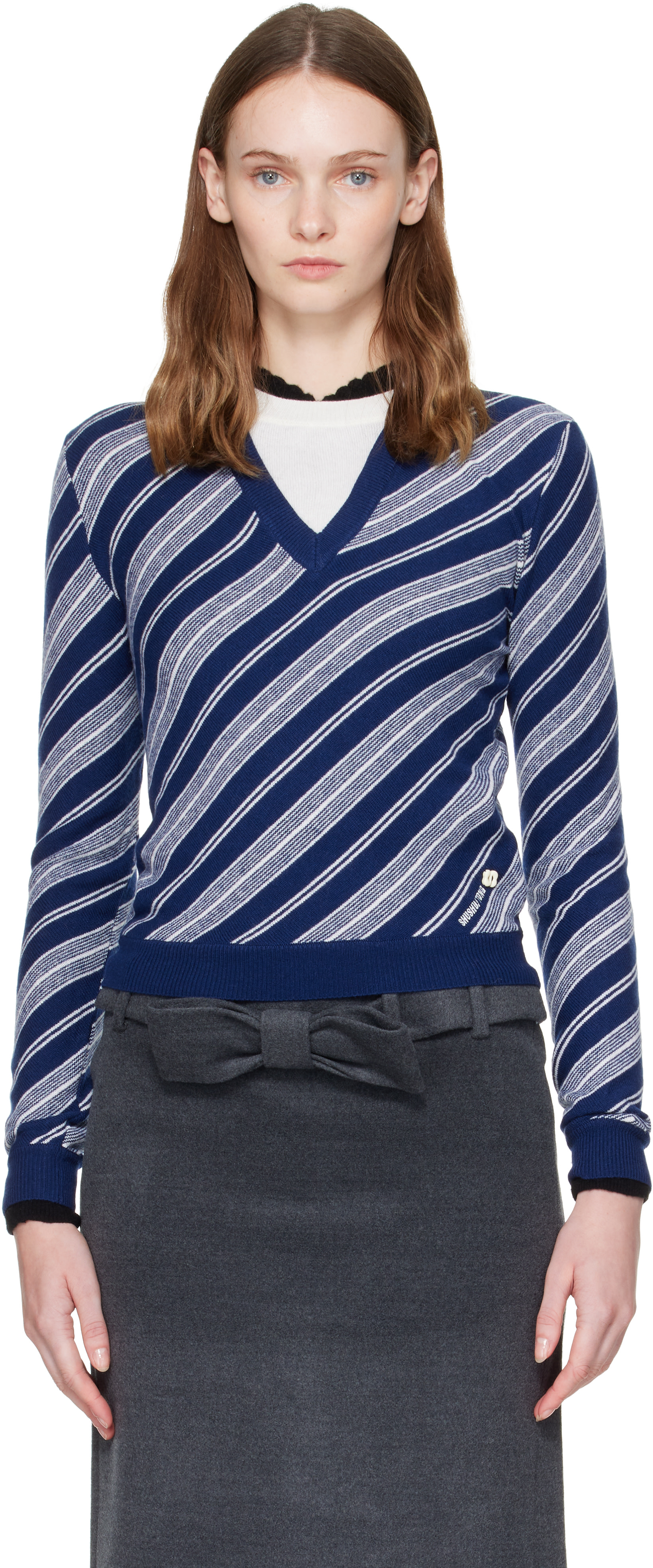 SHUSHU/TONG: Blue & White V-Neck Fitted Twill Knit Sweater