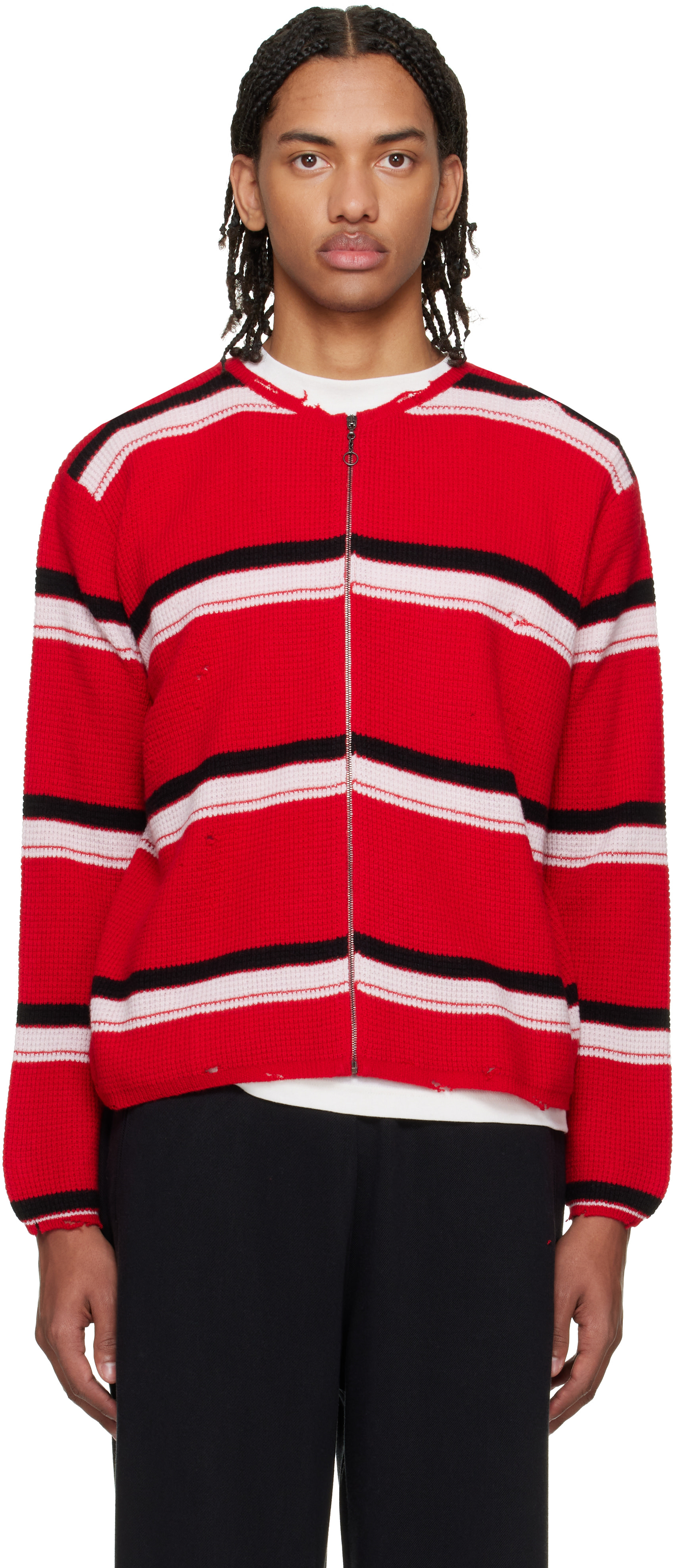 Second/Layer - Red Friends Zip Up Waffle Knit Sweater