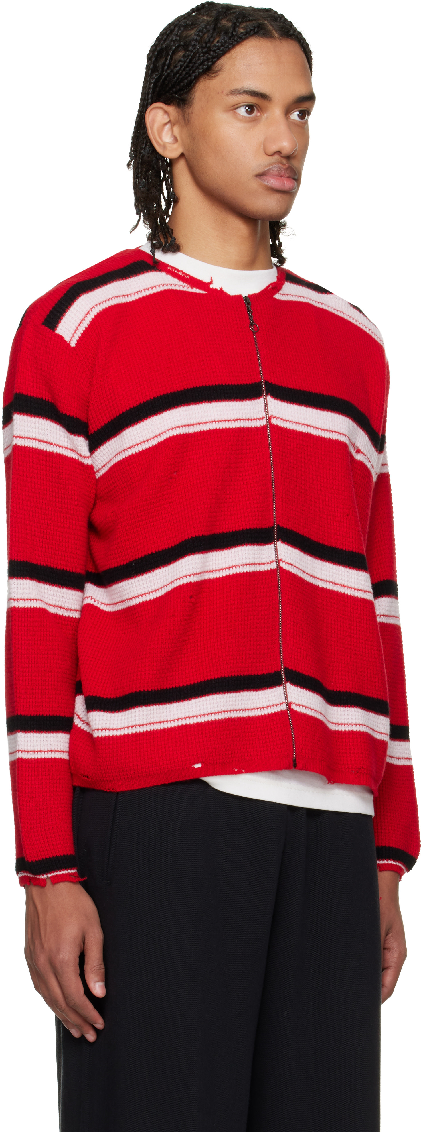 Second/Layer - Red Friends Zip Up Waffle Knit Sweater