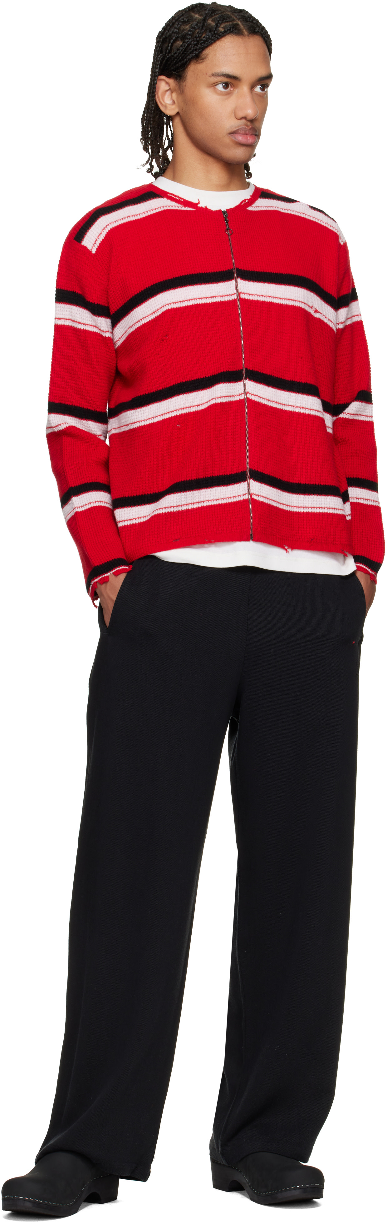Second/Layer - Red Friends Zip Up Waffle Knit Sweater
