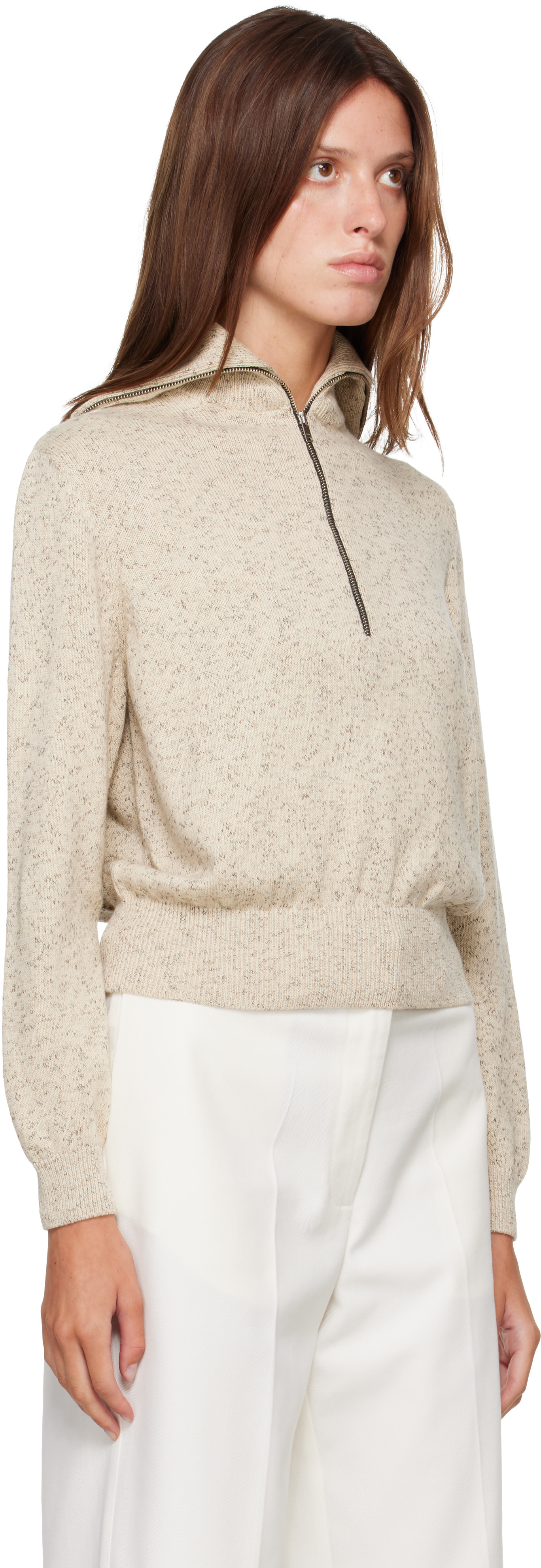 Cordera: Off-White Flecked Cotton Zip-Up Sweater | SSENSE