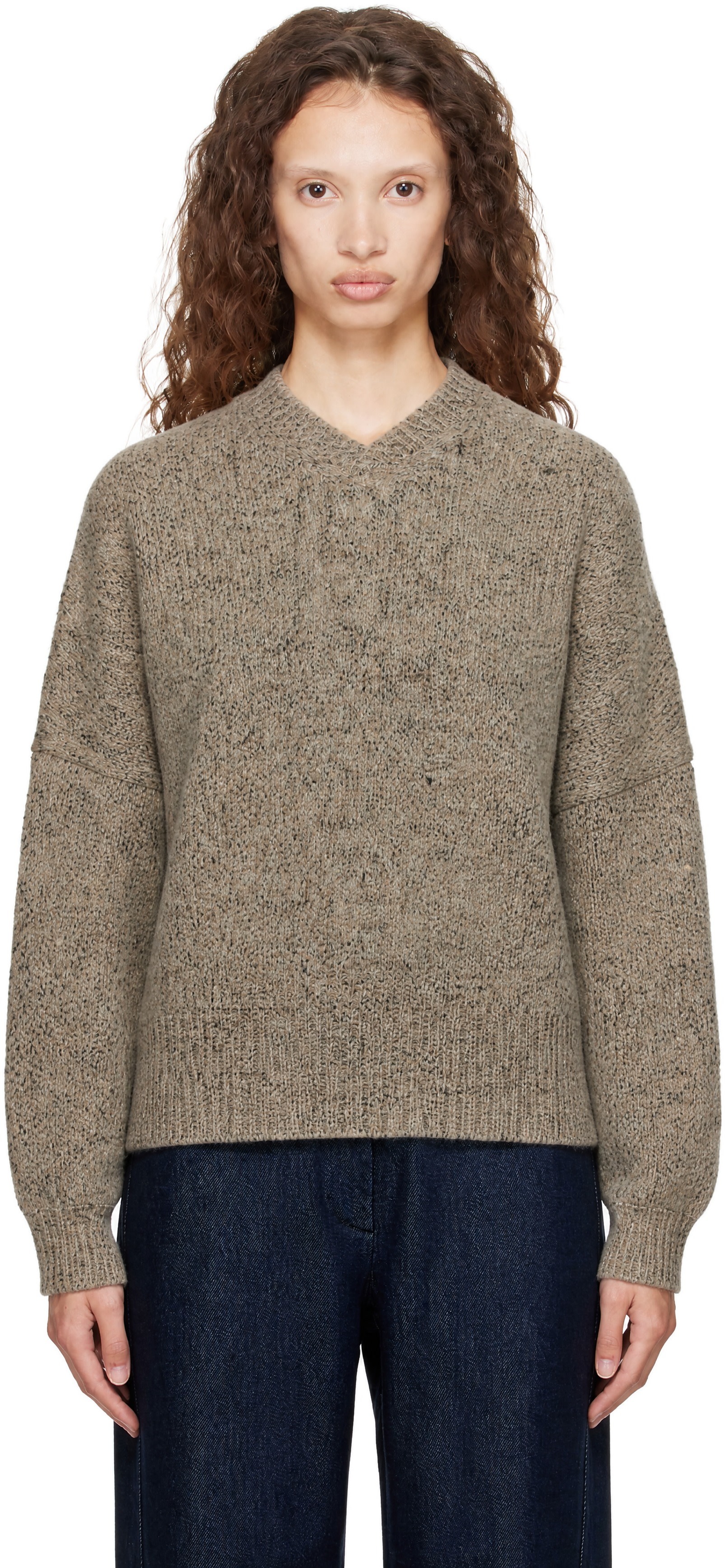 CORDERA - Pull beige à col en V et à motif moucheté
