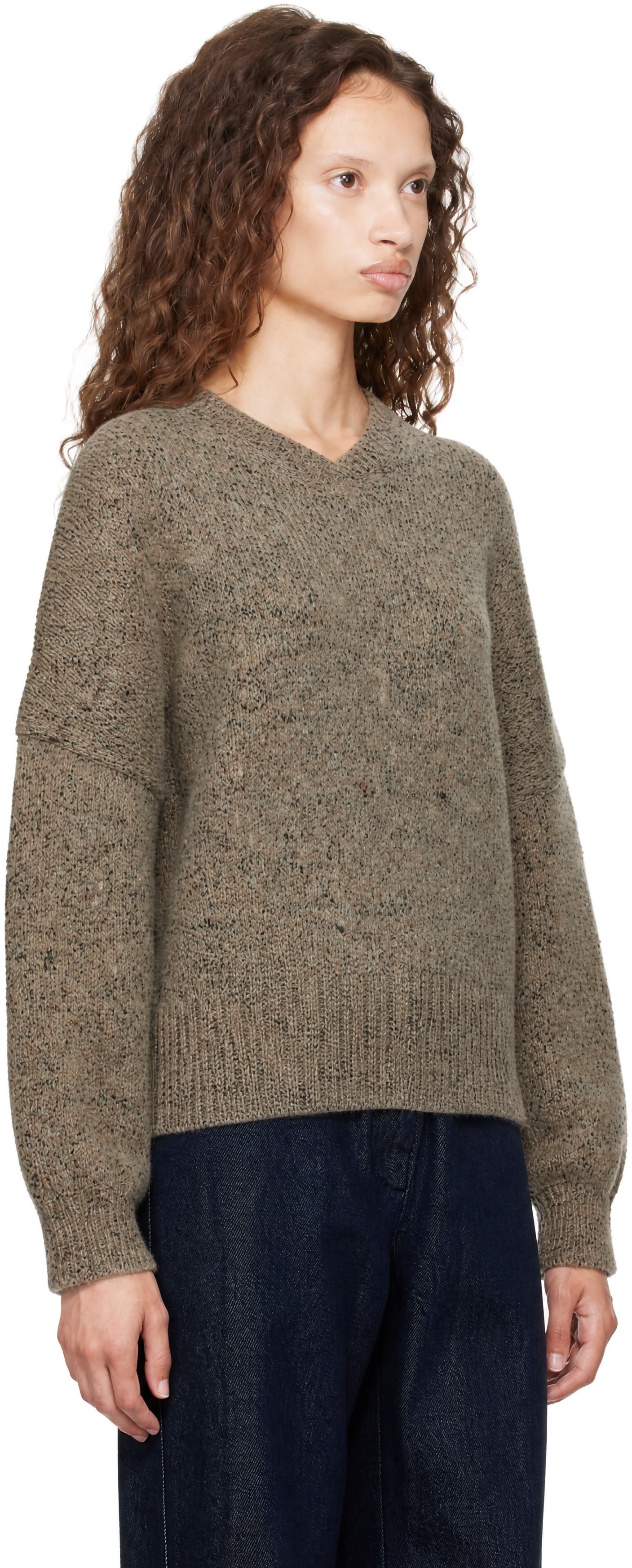 CORDERA - Pull beige à col en V et à motif moucheté