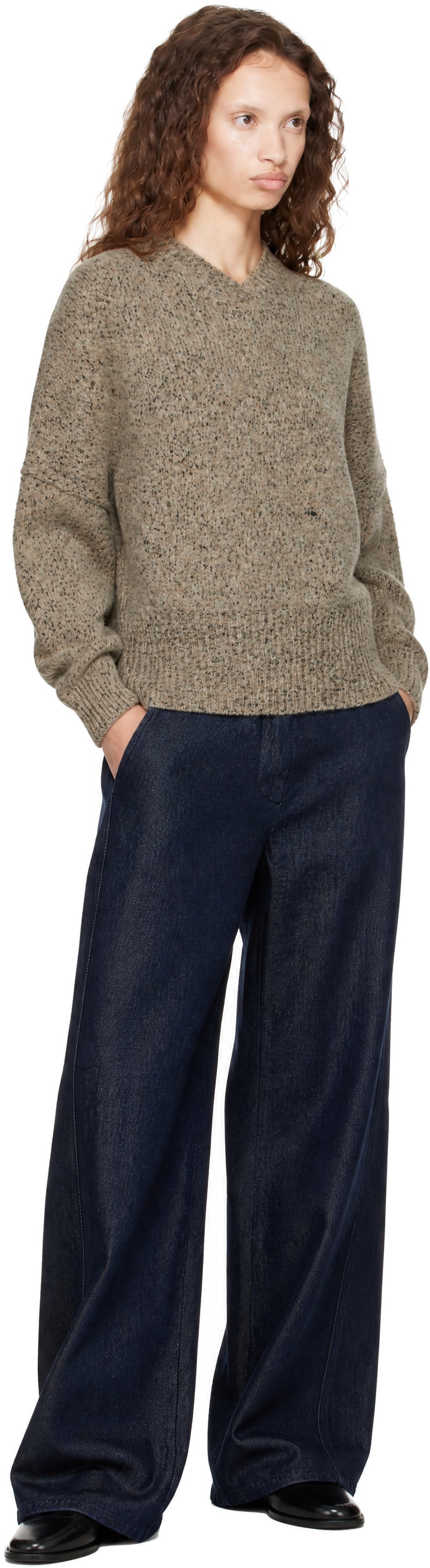 CORDERA - Pull beige à col en V et à motif moucheté