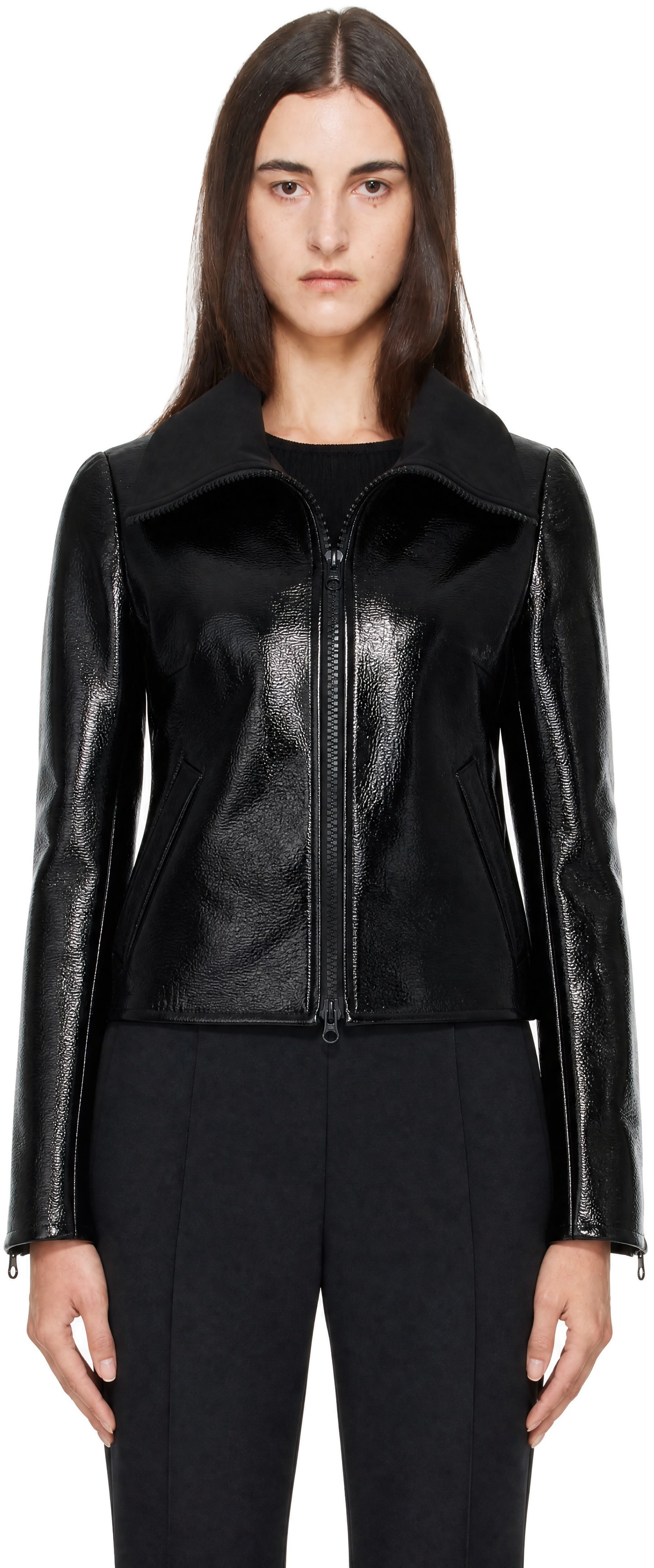 Courreges21スタジャンMサイズ(38) Courrèges: Black High Collar Croc-Embossed Vinyl Jacket | SSENSE