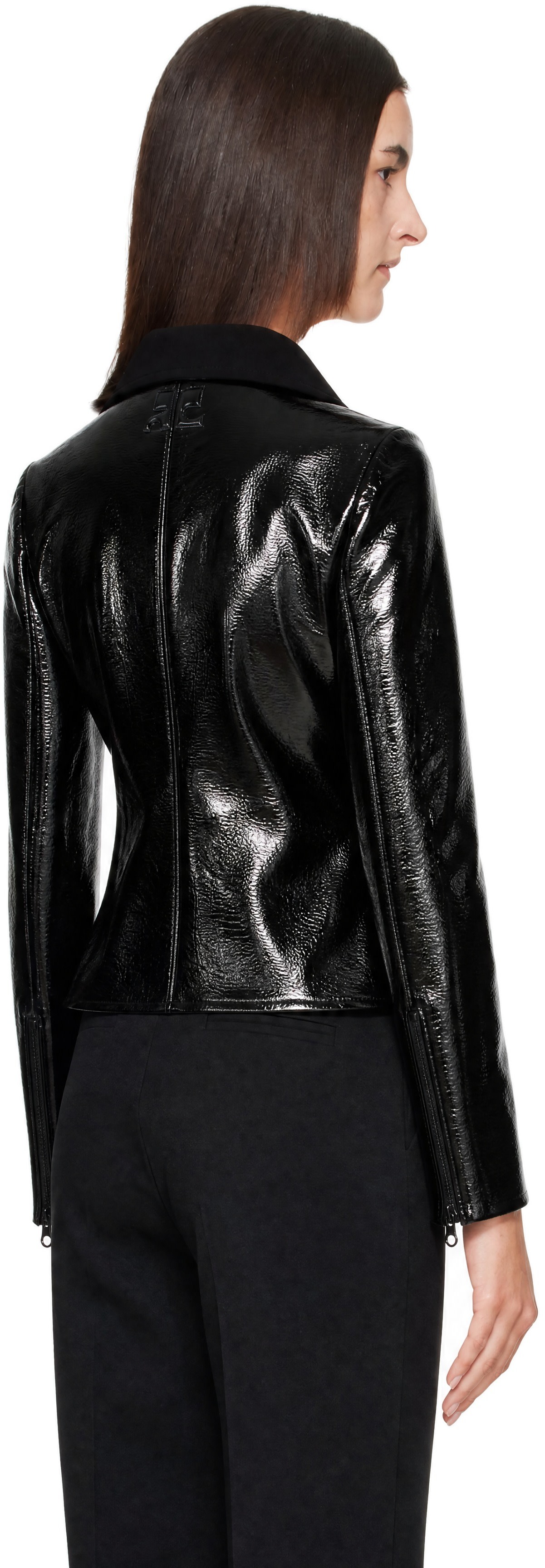 Courrèges: Black High Collar Croc-Embossed Vinyl Jacket | SSENSE