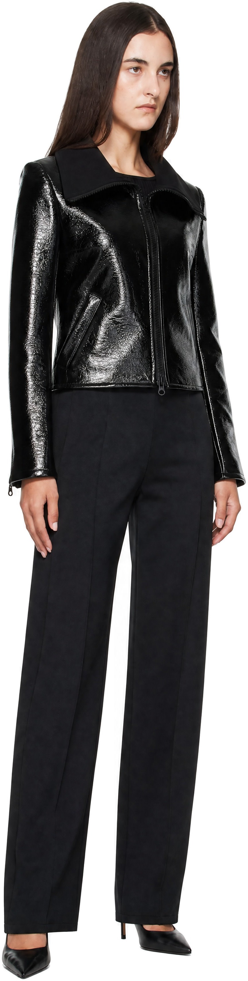 Courrèges: Black High Collar Croc-Embossed Vinyl Jacket | SSENSE