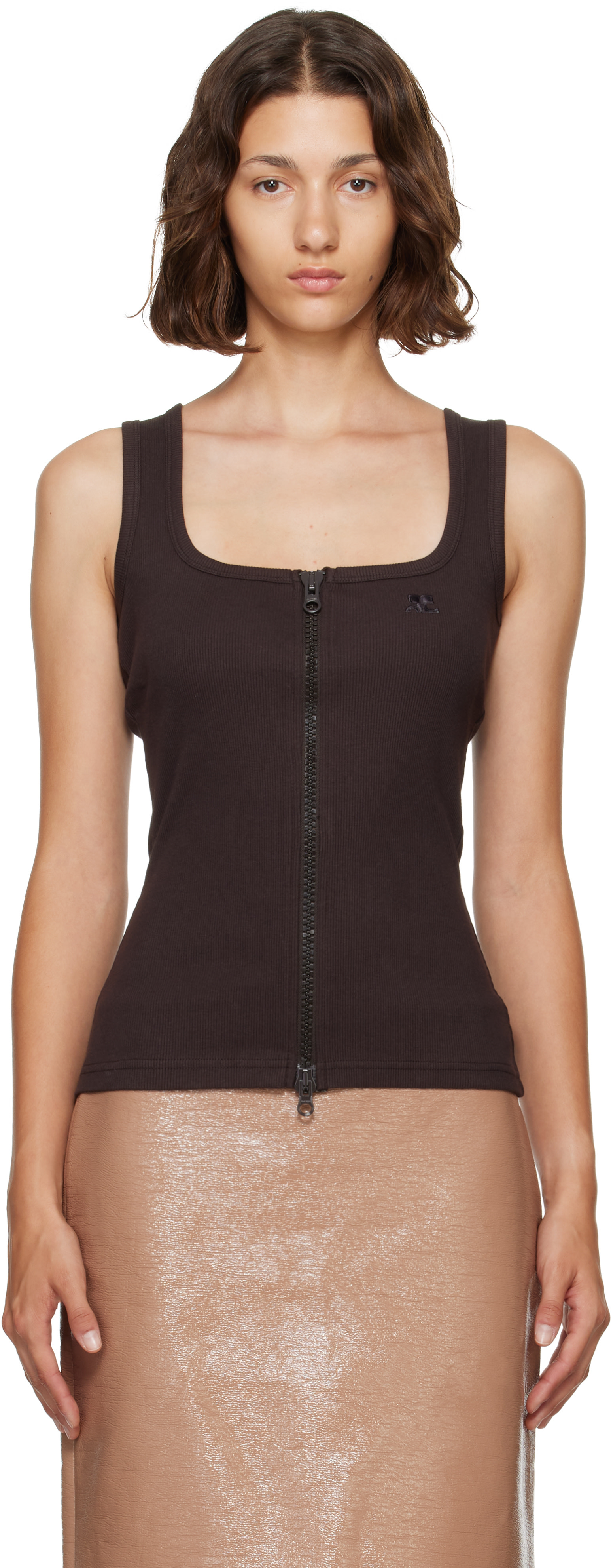 Courrèges: Brown 90s Rib Zipped Tank Top | SSENSE
