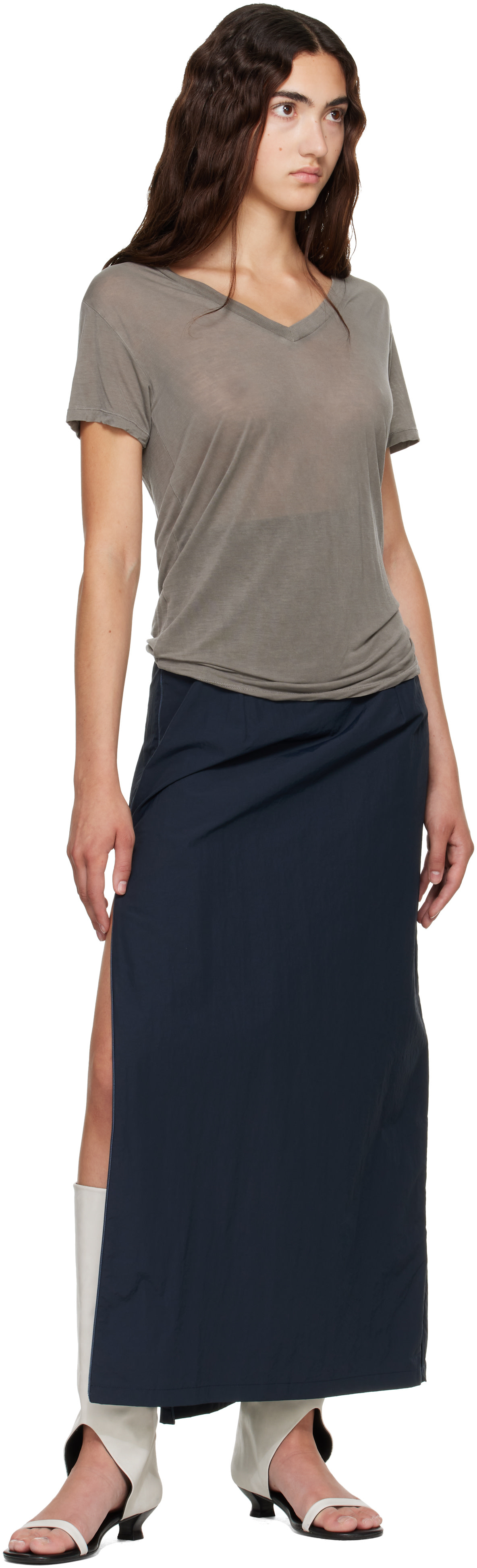 Baserange: Gray V Neck T-shirt | SSENSE