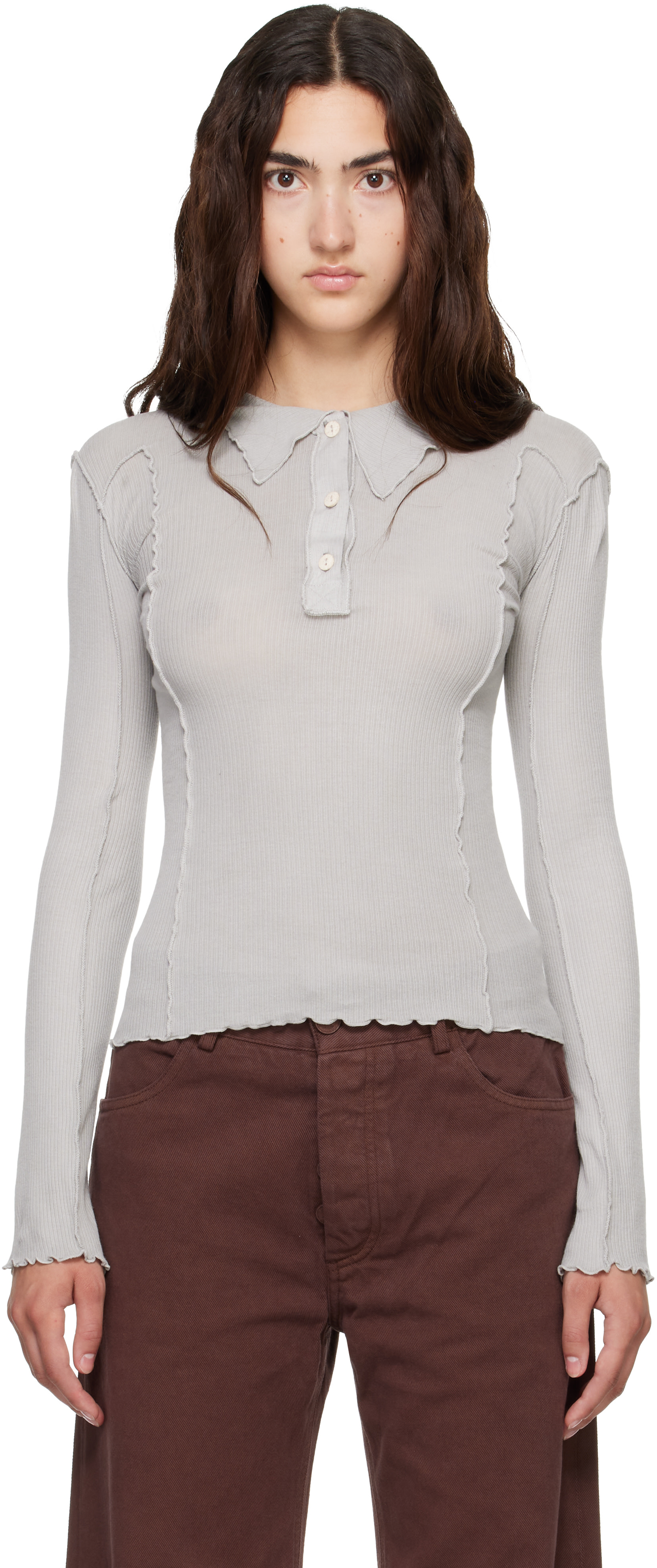 Baserange: Gray Omato Long Sleeve Polo | SSENSE