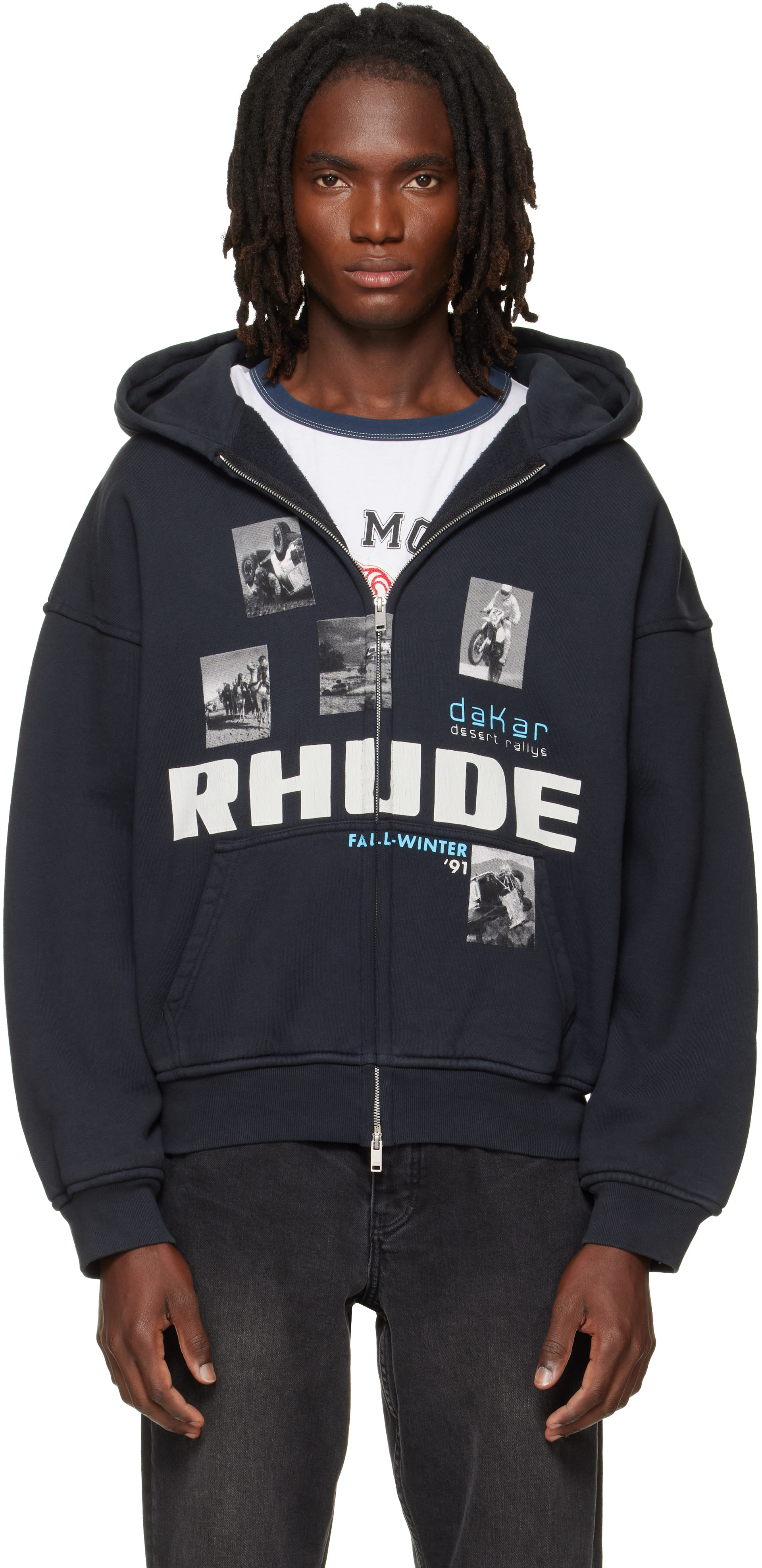 Rhude: Black 'Winter 91 Rallye' Zip-Up Hoodie | SSENSE Canada