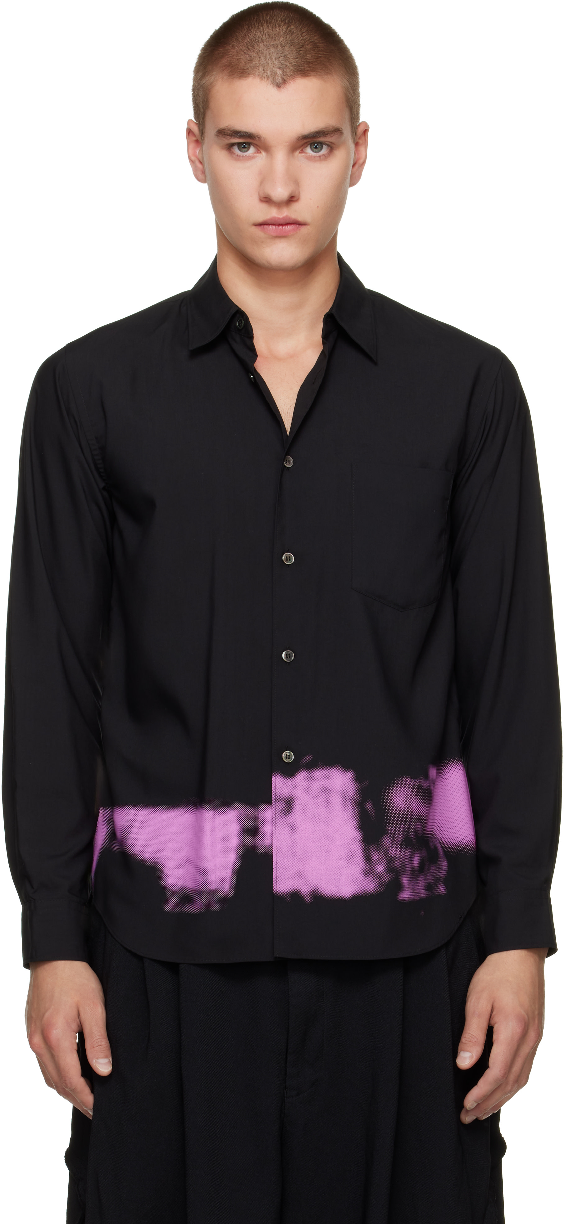 Black Comme des Garçons: Black Polyester Broad Spray Print Shirt