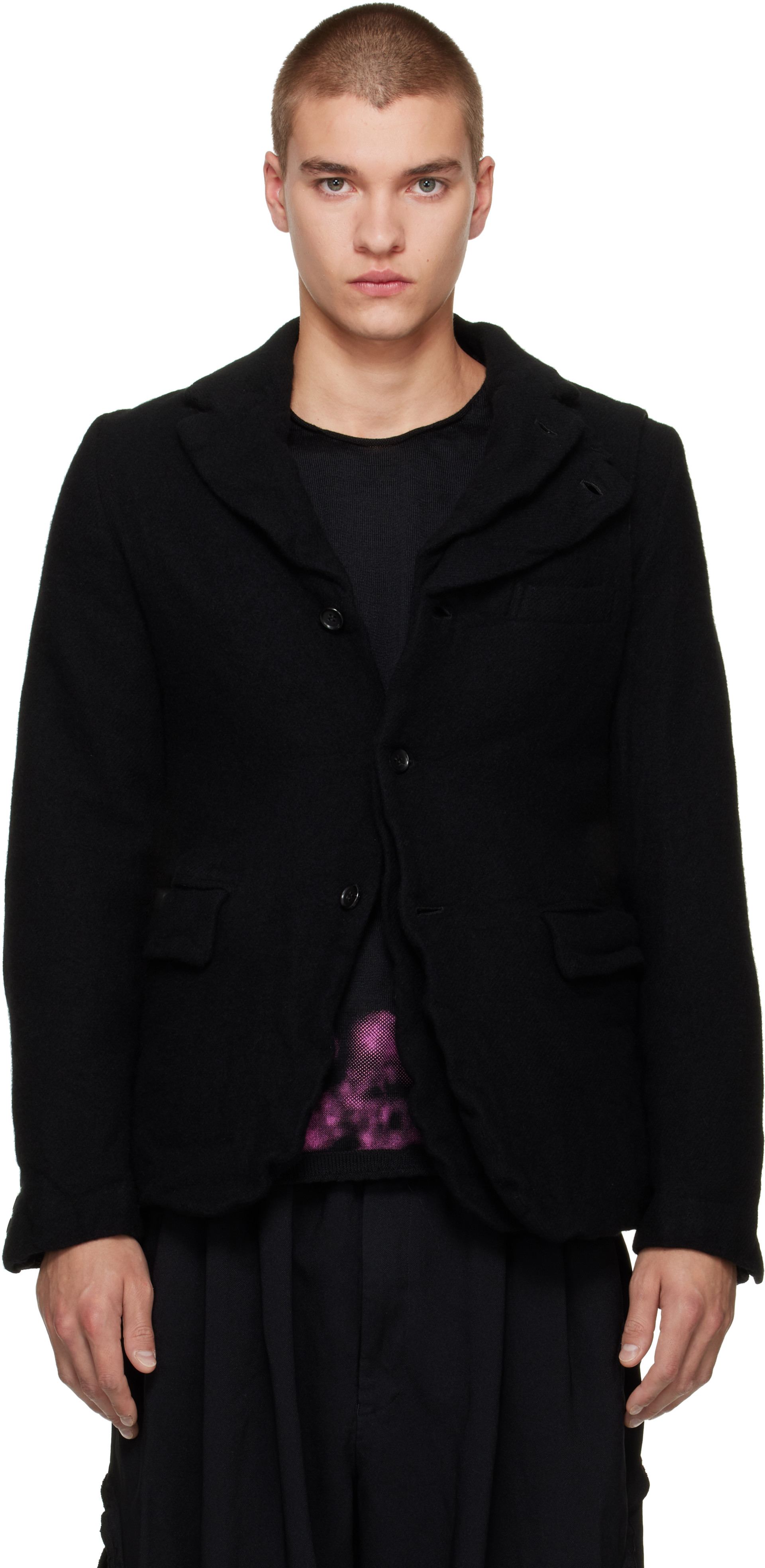 Black Comme des Garçons: ブラック Top Wool Tweed Medium テーラード