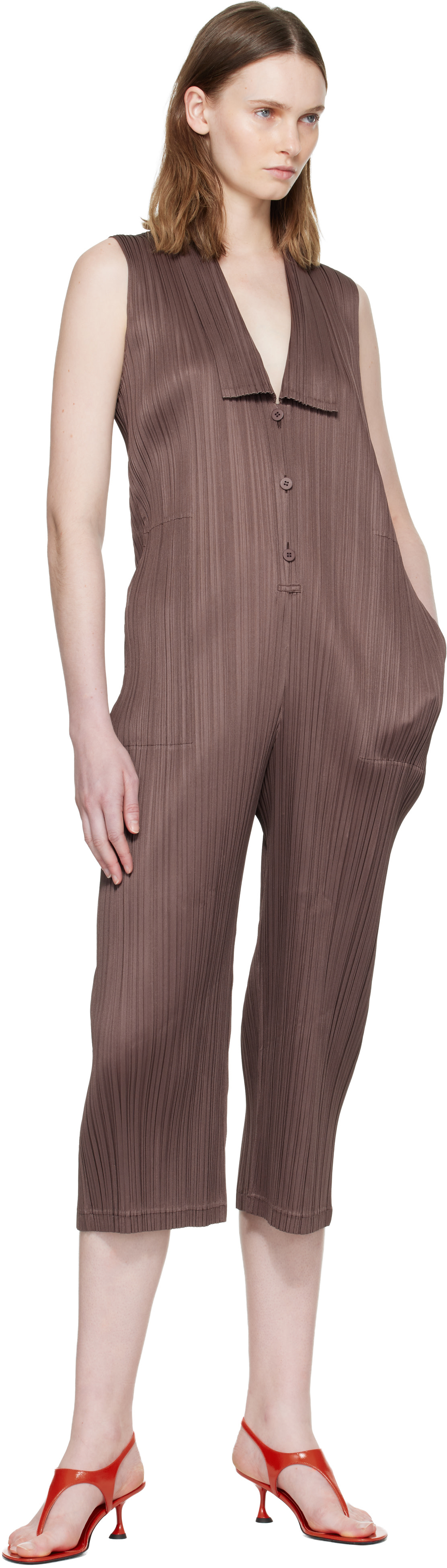 PLEATS PLEASE ISSEY MIYAKE: Brown Loop Bottoms Jumpsuit | SSENSE