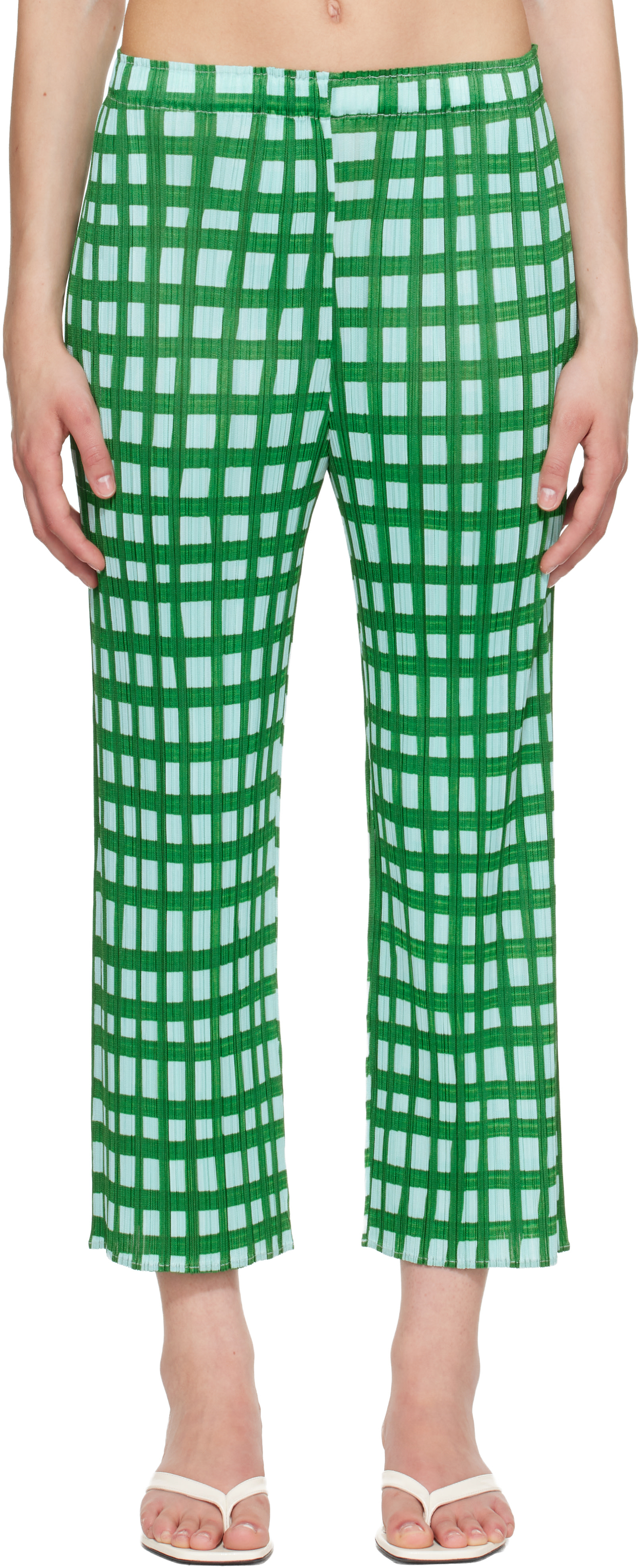 PLEATS PLEASE ISSEY MIYAKE: Green Basket Trousers | SSENSE