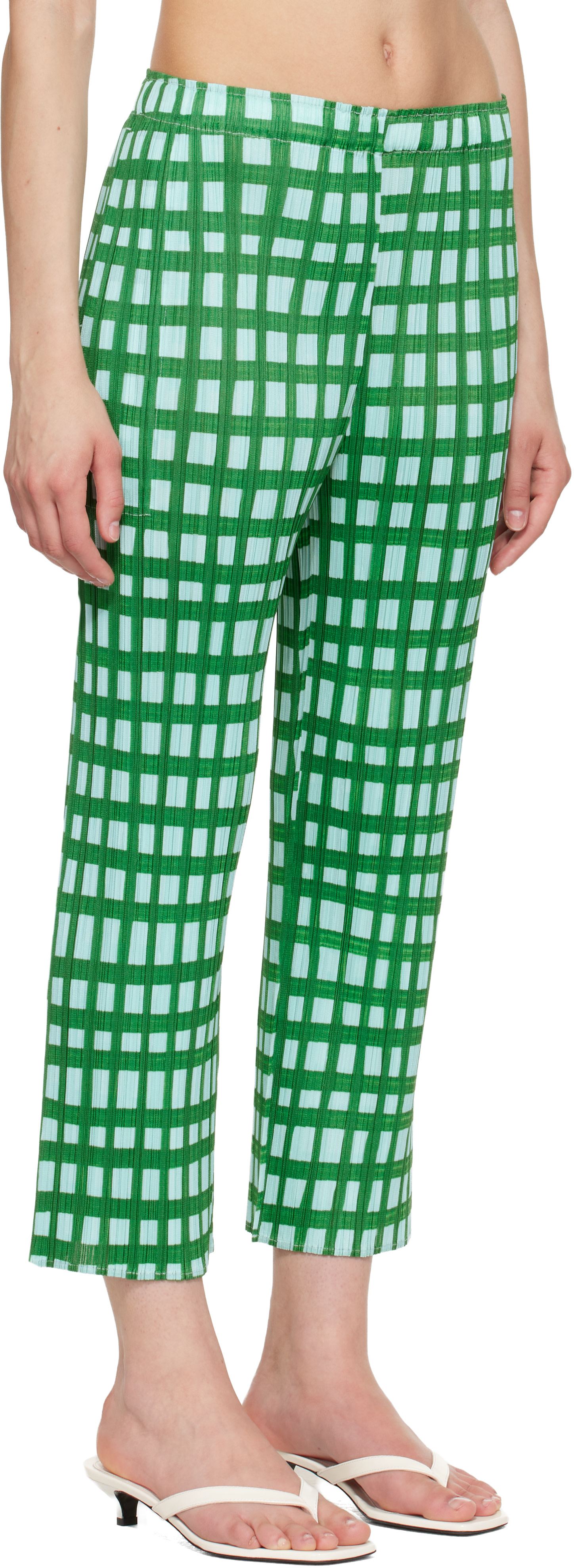 PLEATS PLEASE ISSEY MIYAKE: Green Basket Trousers | SSENSE