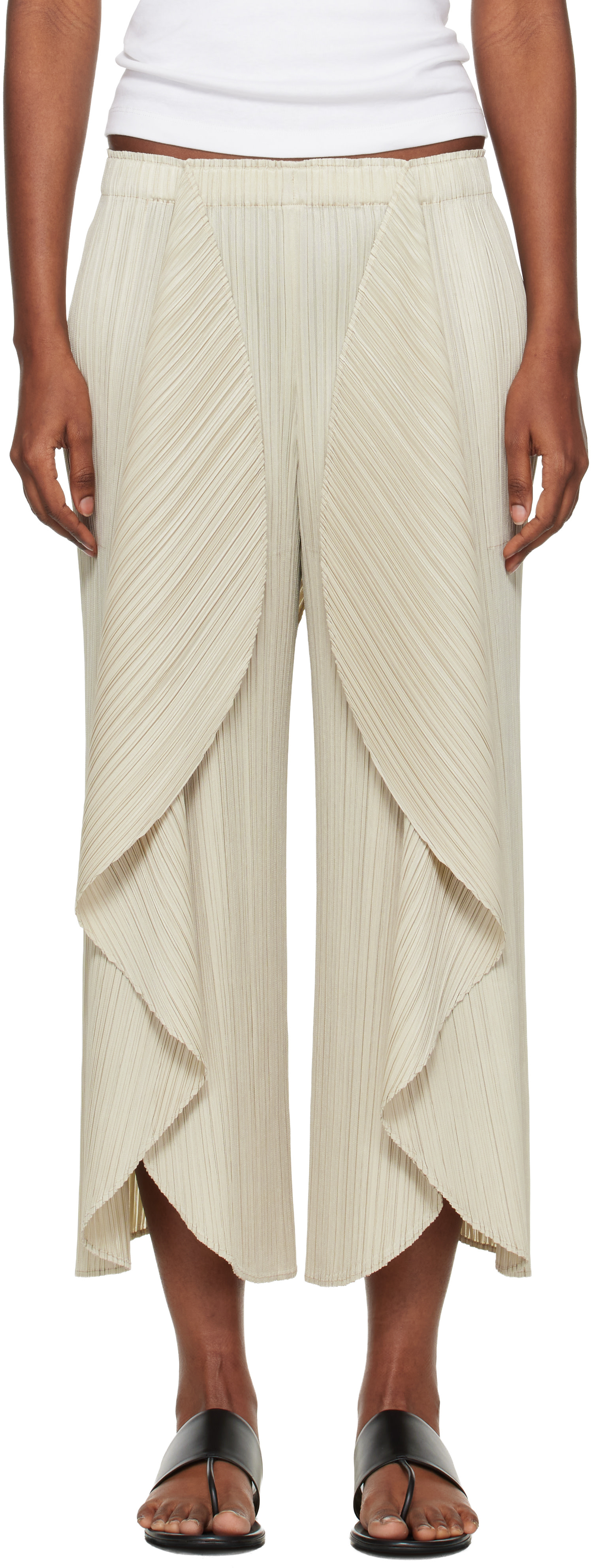 PLEATS PLEASE ISSEY MIYAKE: Beige Leaf Trousers | SSENSE