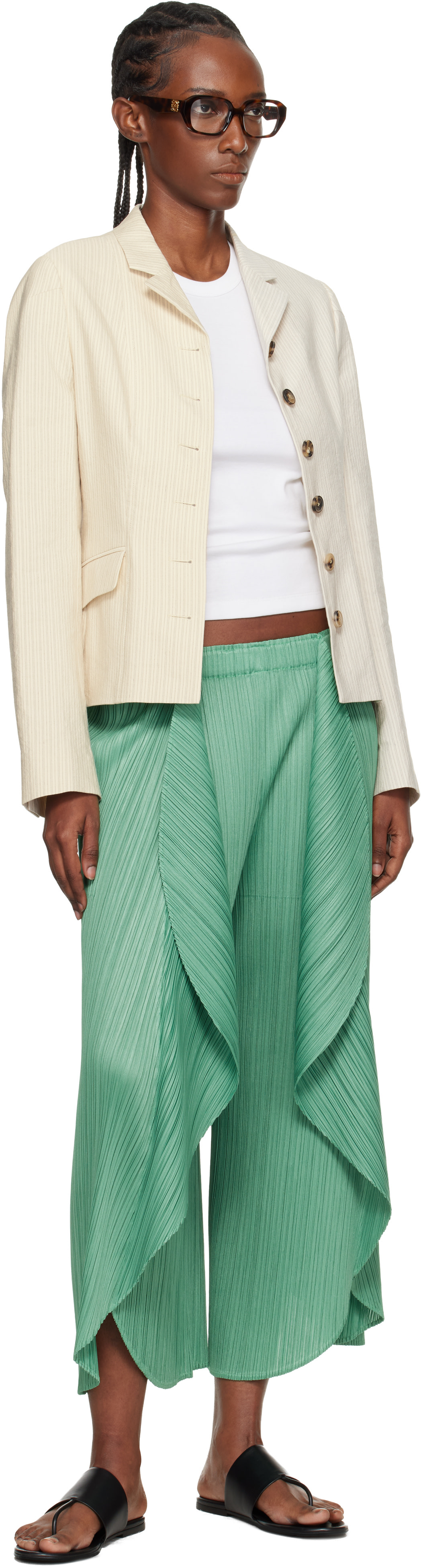 PLEATS PLEASE ISSEY MIYAKE: Green Leaf Trousers | SSENSE