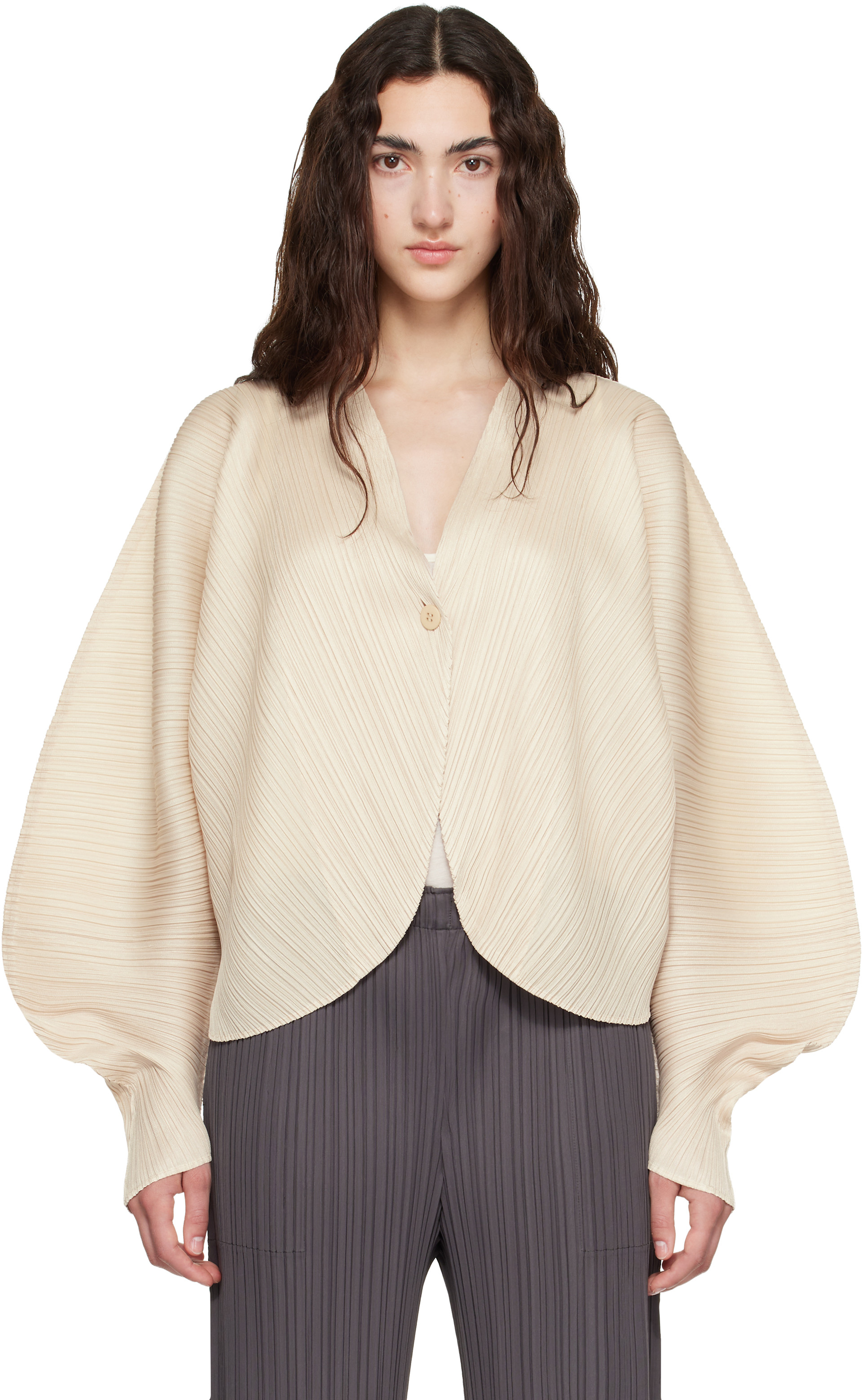PLEATS PLEASE ISSEY MIYAKE: Beige Coast Cardigan | SSENSE Australia
