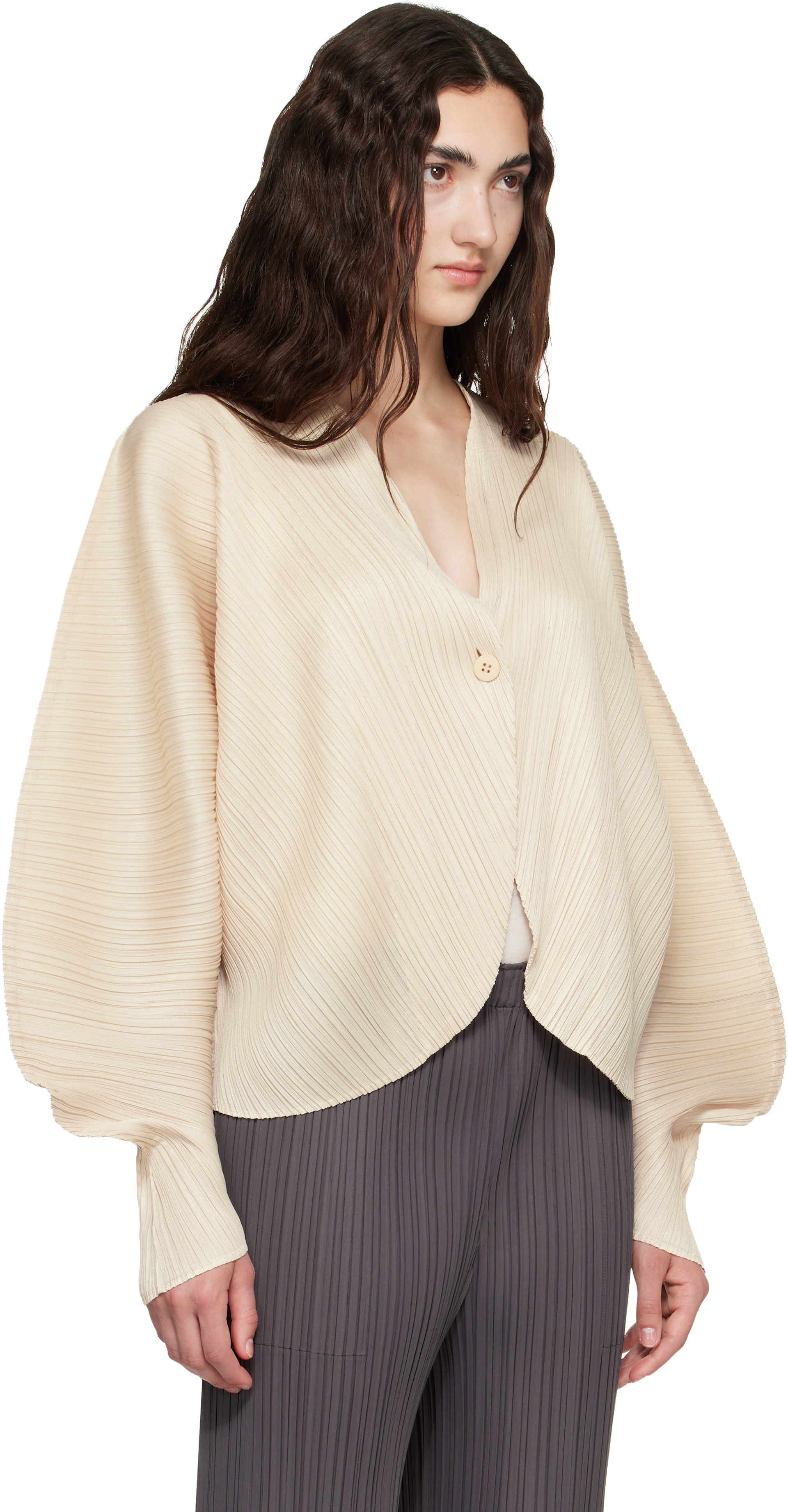 PLEATS PLEASE ISSEY MIYAKE: Beige Coast Cardigan | SSENSE