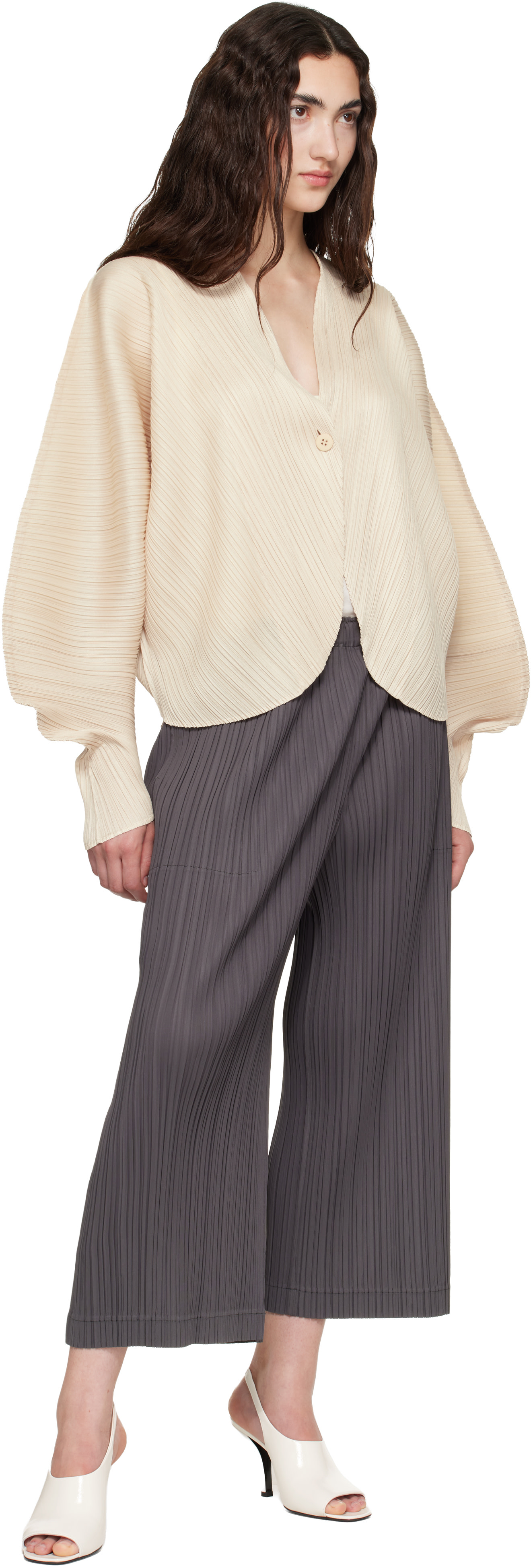PLEATS PLEASE ISSEY MIYAKE: Beige Coast Cardigan | SSENSE