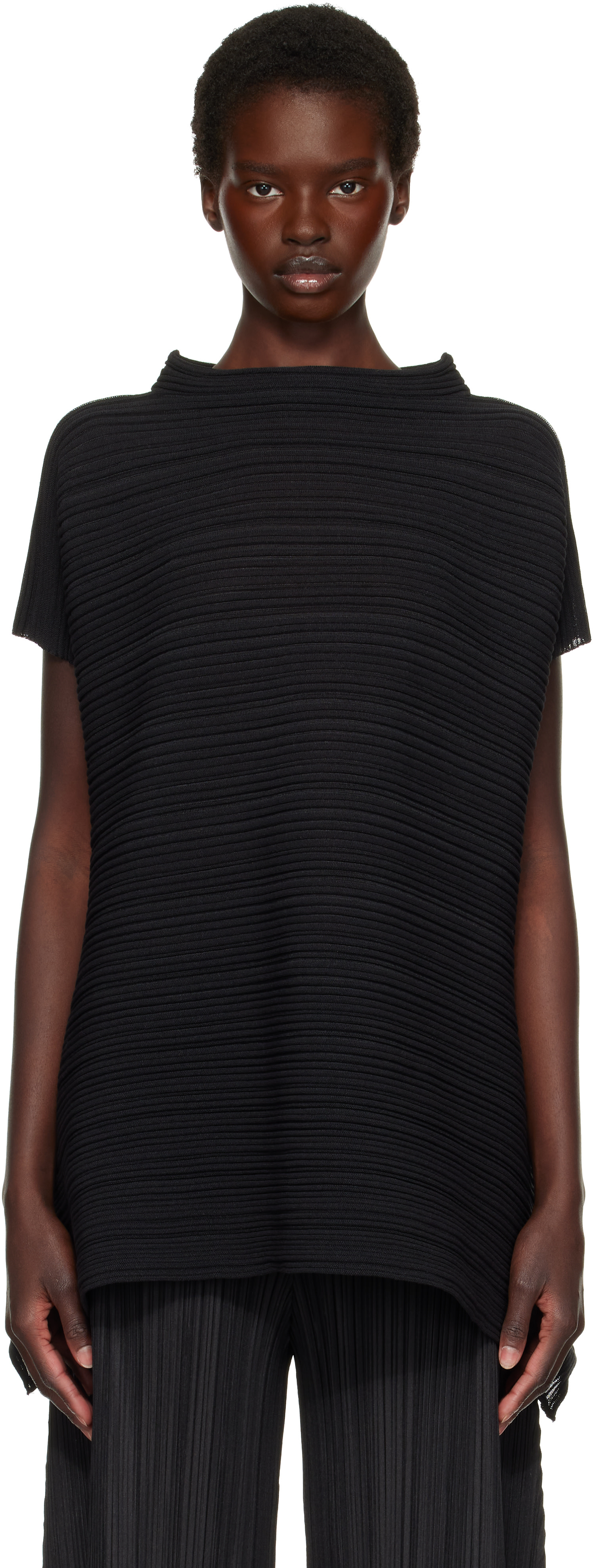 PLEATS PLEASE ISSEY MIYAKE: Black Paper Bounce Knit Blouse | SSENSE