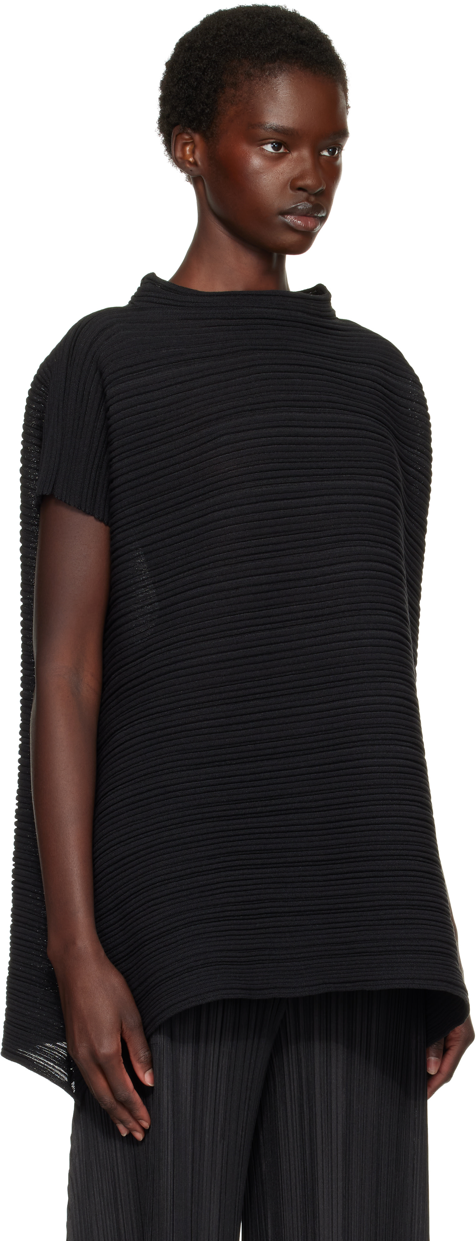 PLEATS PLEASE ISSEY MIYAKE: Black Paper Bounce Knit Blouse | SSENSE