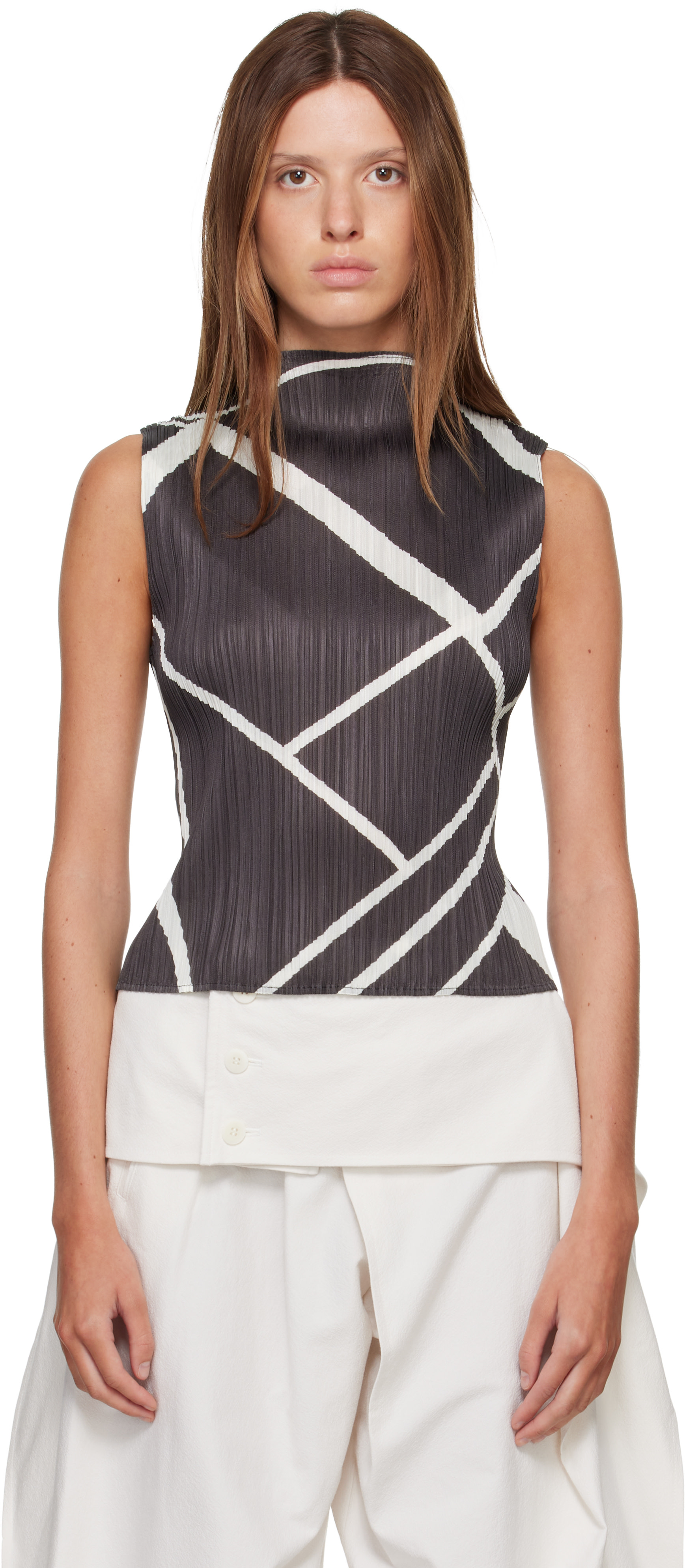 PLEATS PLEASE ISSEY MIYAKE: Gray & White Fold Line Top | SSENSE