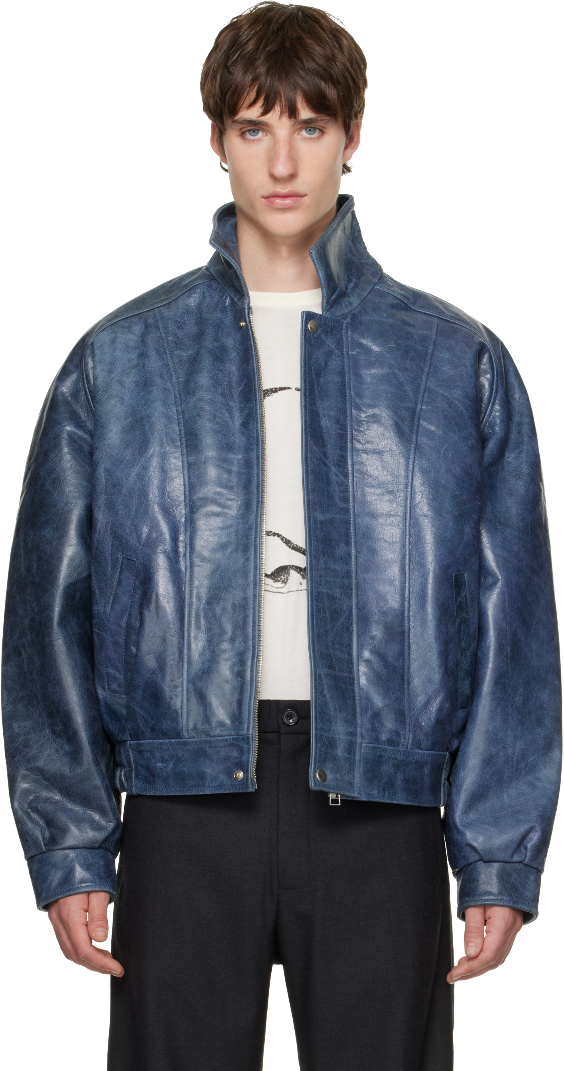 BLUEMARBLE - Blue Curved Shoulder Leather Blouson Jacket