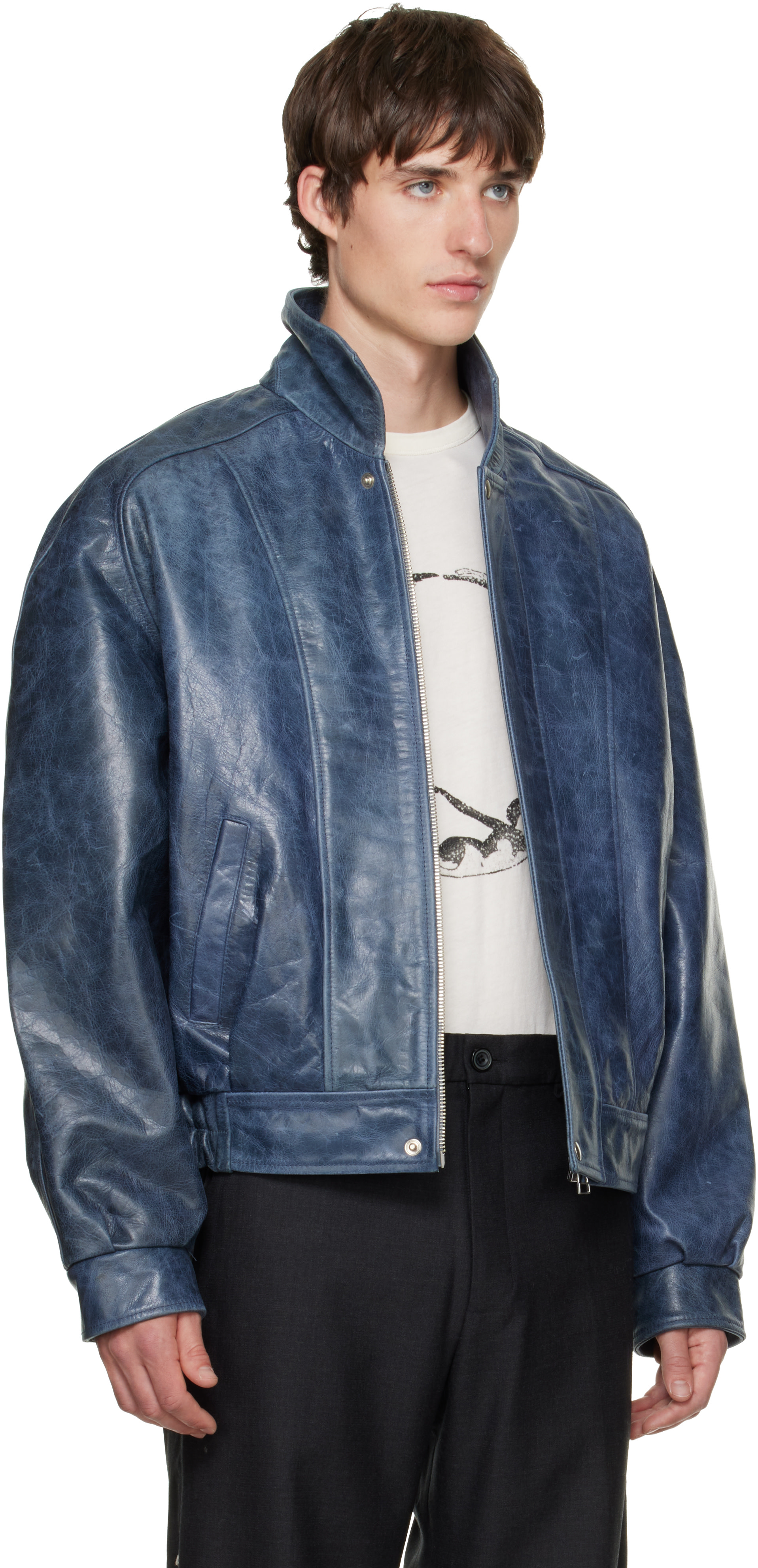 BLUEMARBLE - Blue Curved Shoulder Leather Blouson Jacket
