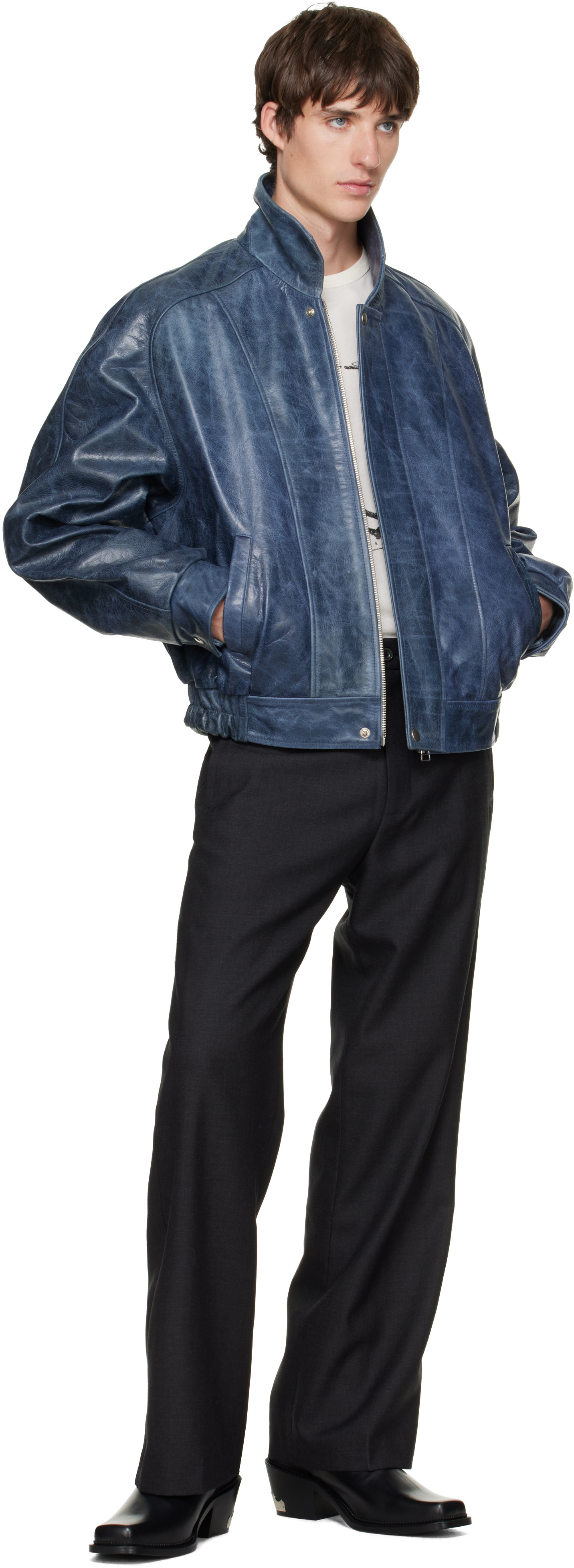 BLUEMARBLE - Blue Curved Shoulder Leather Blouson Jacket