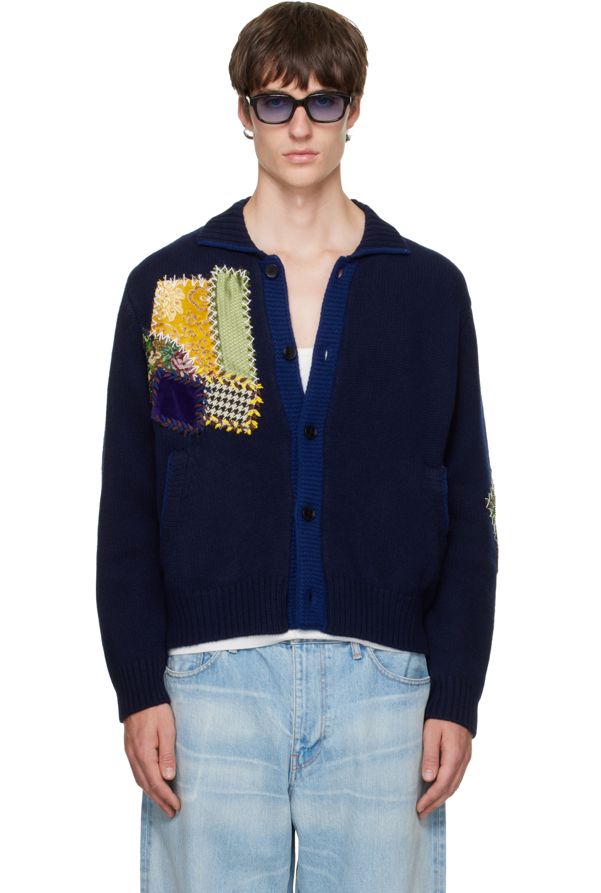 BLUEMARBLE - Navy Embroidered Patchwork Knitted Cardigan