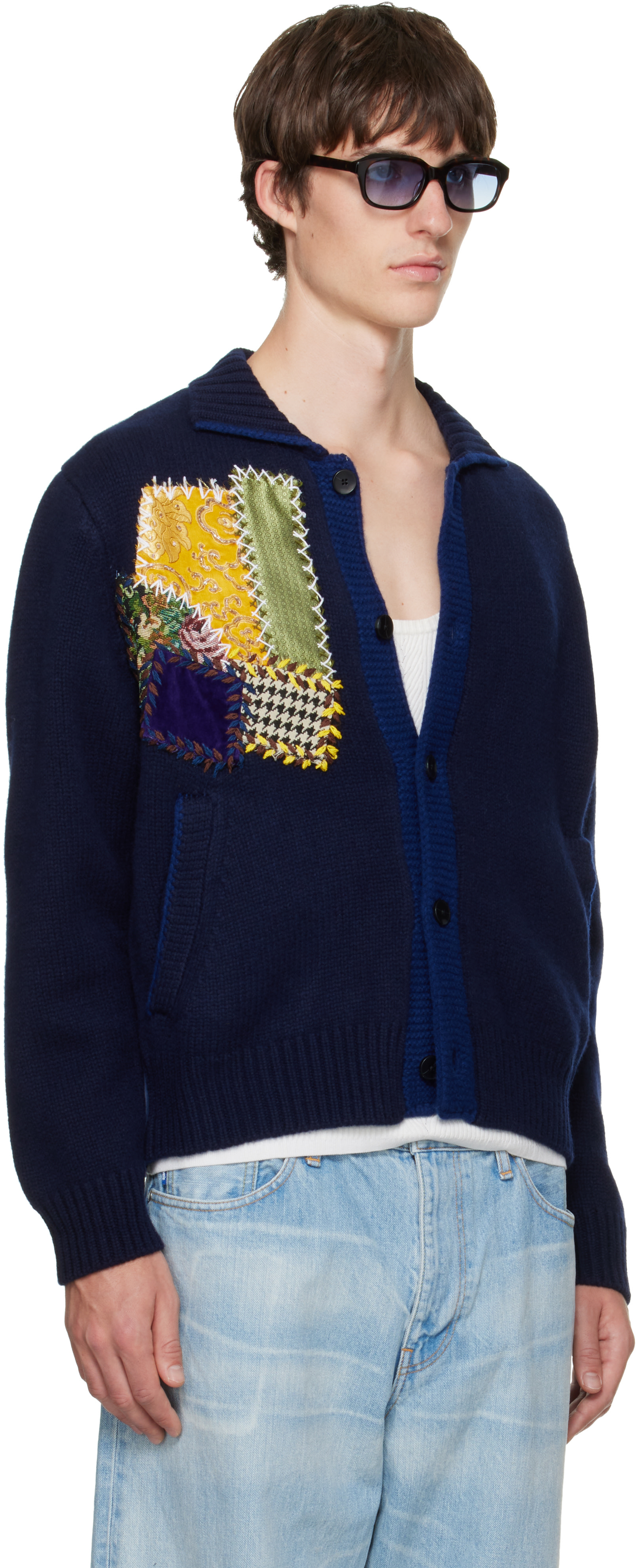 BLUEMARBLE - Navy Embroidered Patchwork Knitted Cardigan