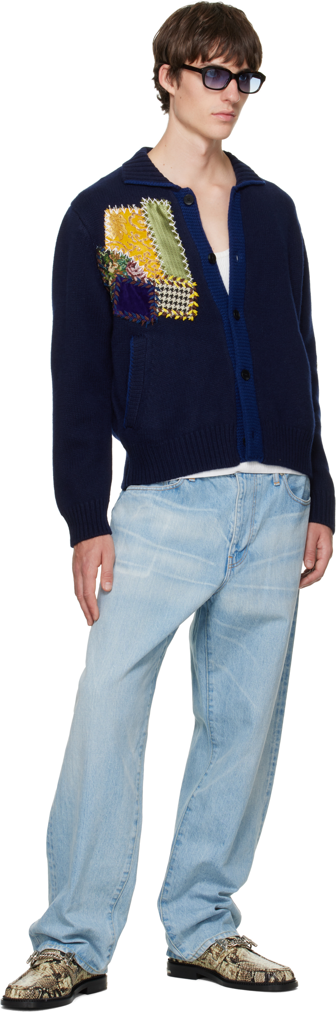 BLUEMARBLE - Navy Embroidered Patchwork Knitted Cardigan