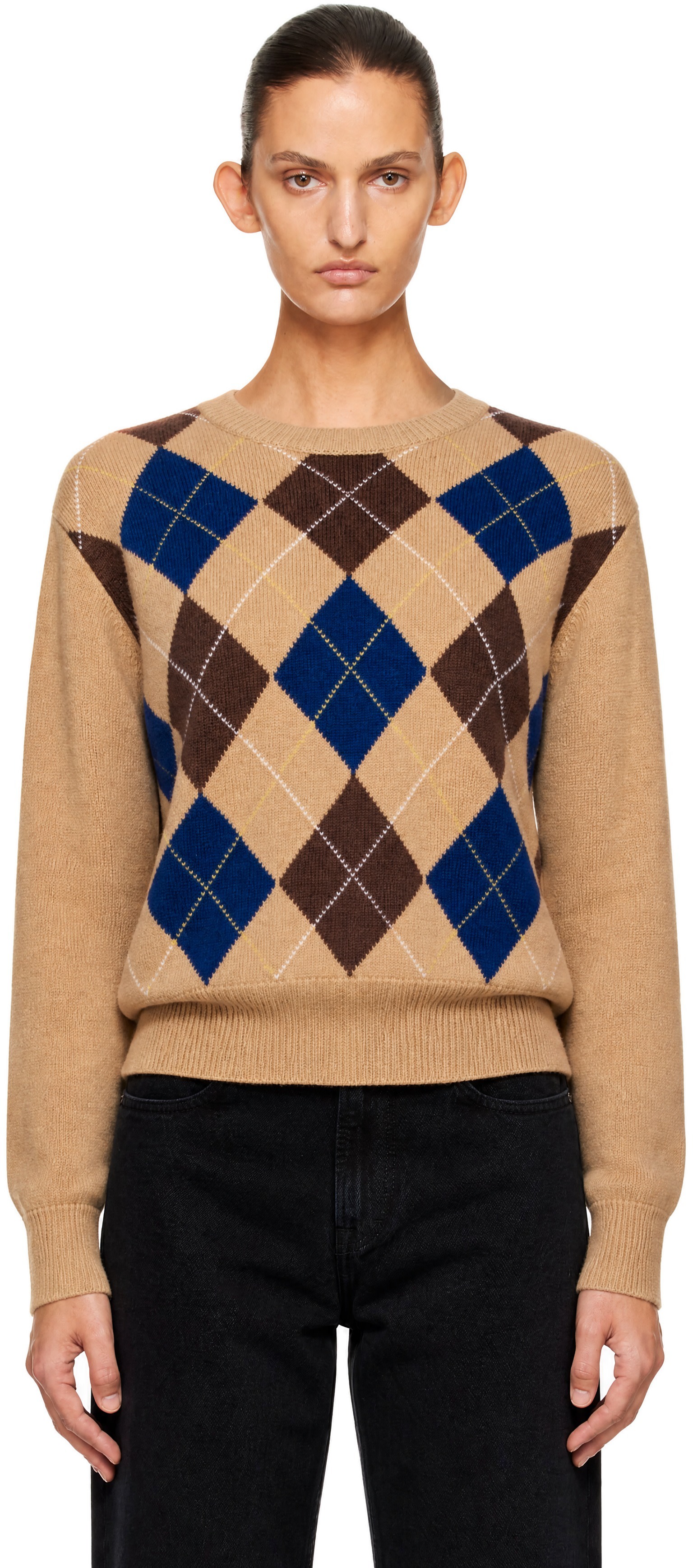 Dunst - Pull beige à col ras du cou et à motif argyle