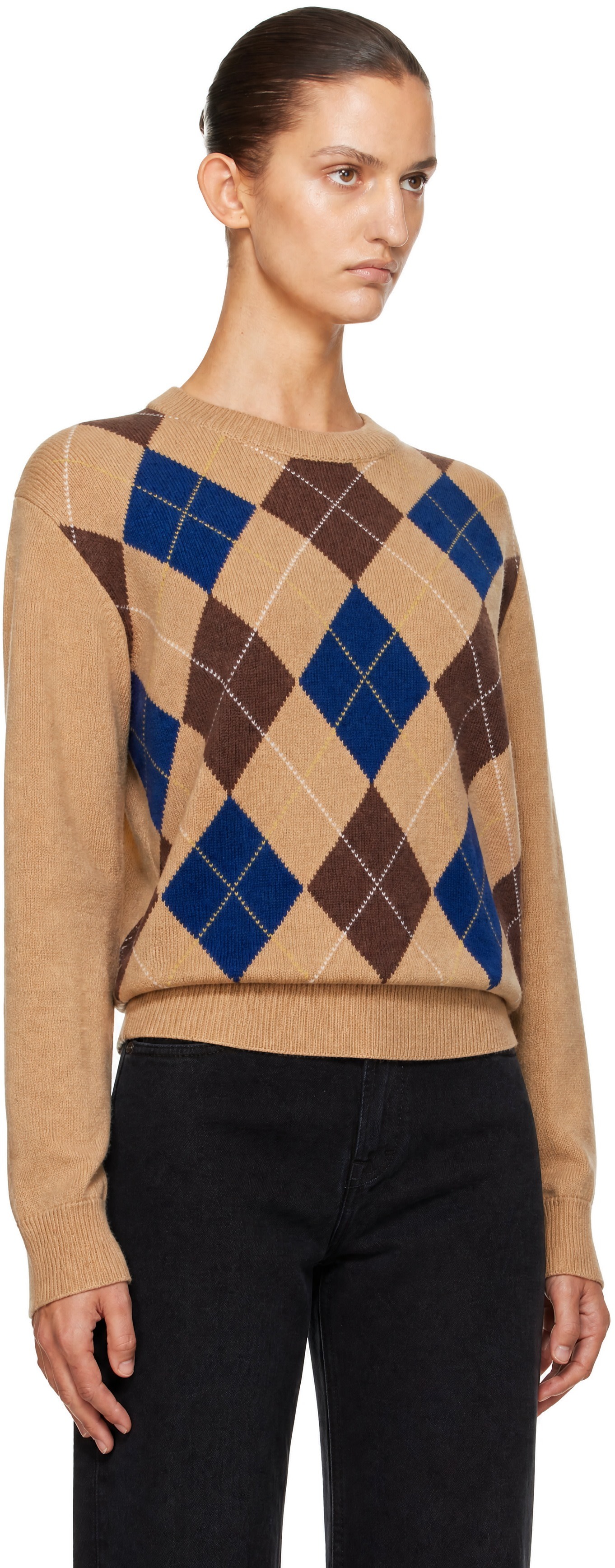 Dunst - Pull beige à col ras du cou et à motif argyle