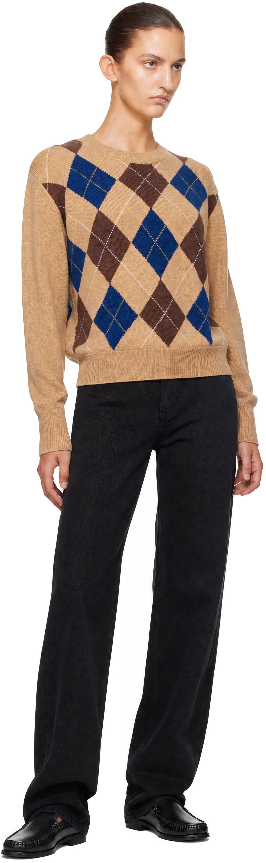 Dunst - Pull beige à col ras du cou et à motif argyle