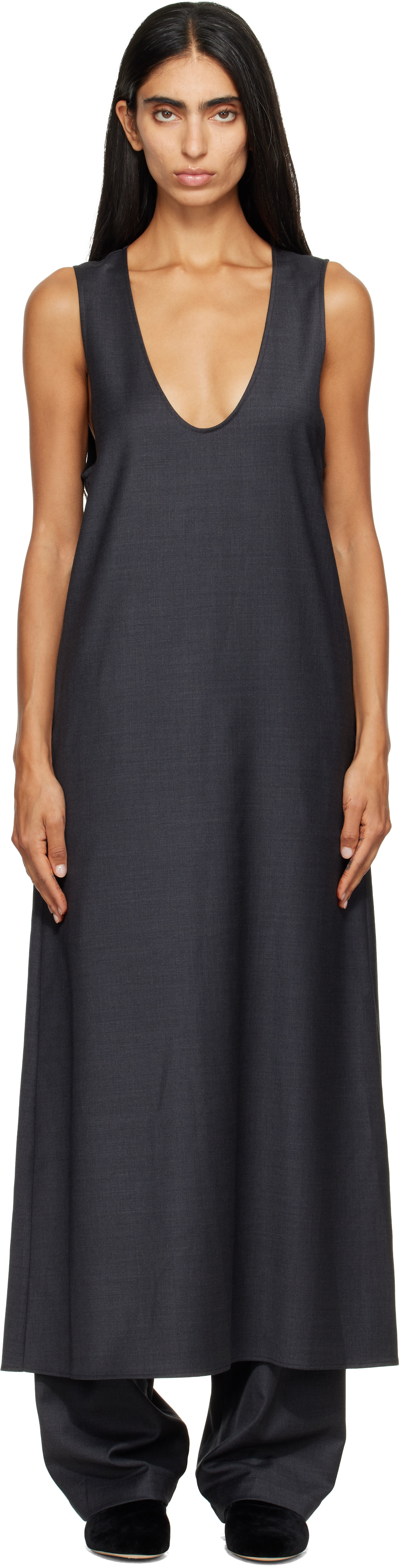 grey one piece dress Gray Wool Silk Sleeveless Onepiece Maxi Ash gray