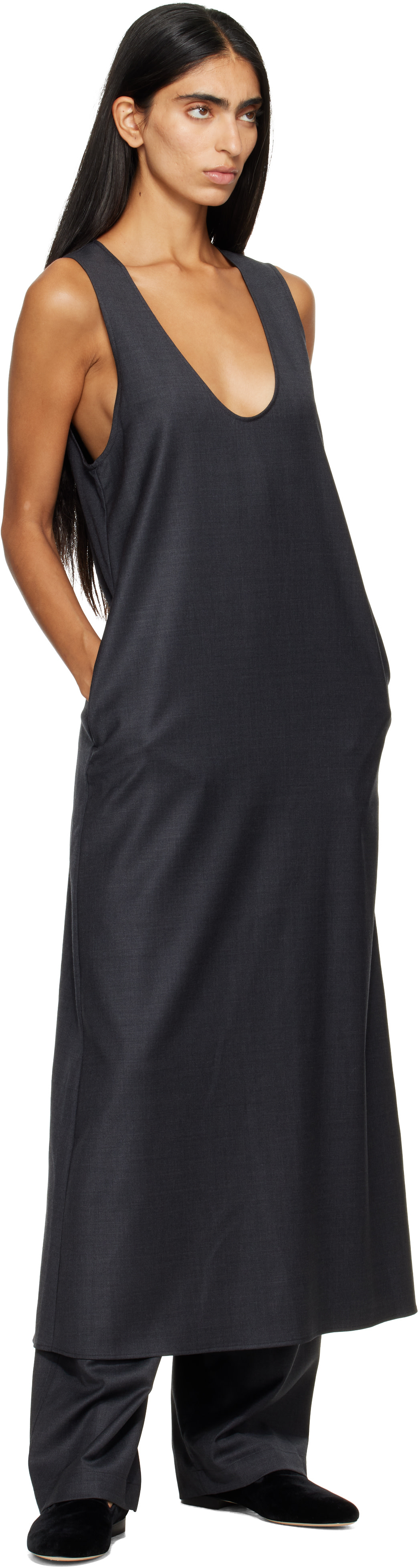 ssstein: Gray Wool Silk Sleeveless Onepiece Maxi Dress | SSENSE