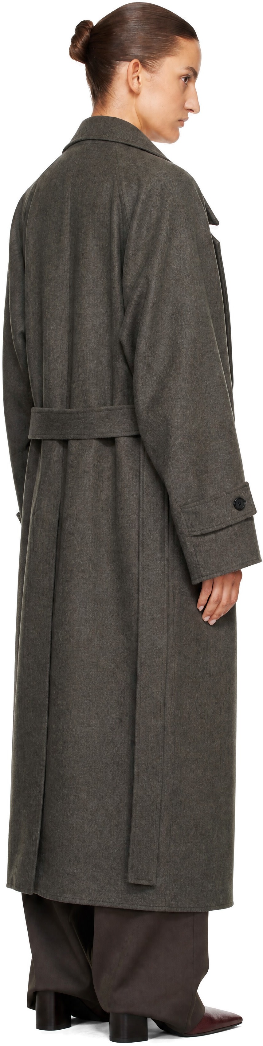 ssstein: Taupe Doeskin Oversized Peak Lapel Chester Coat | SSENSE