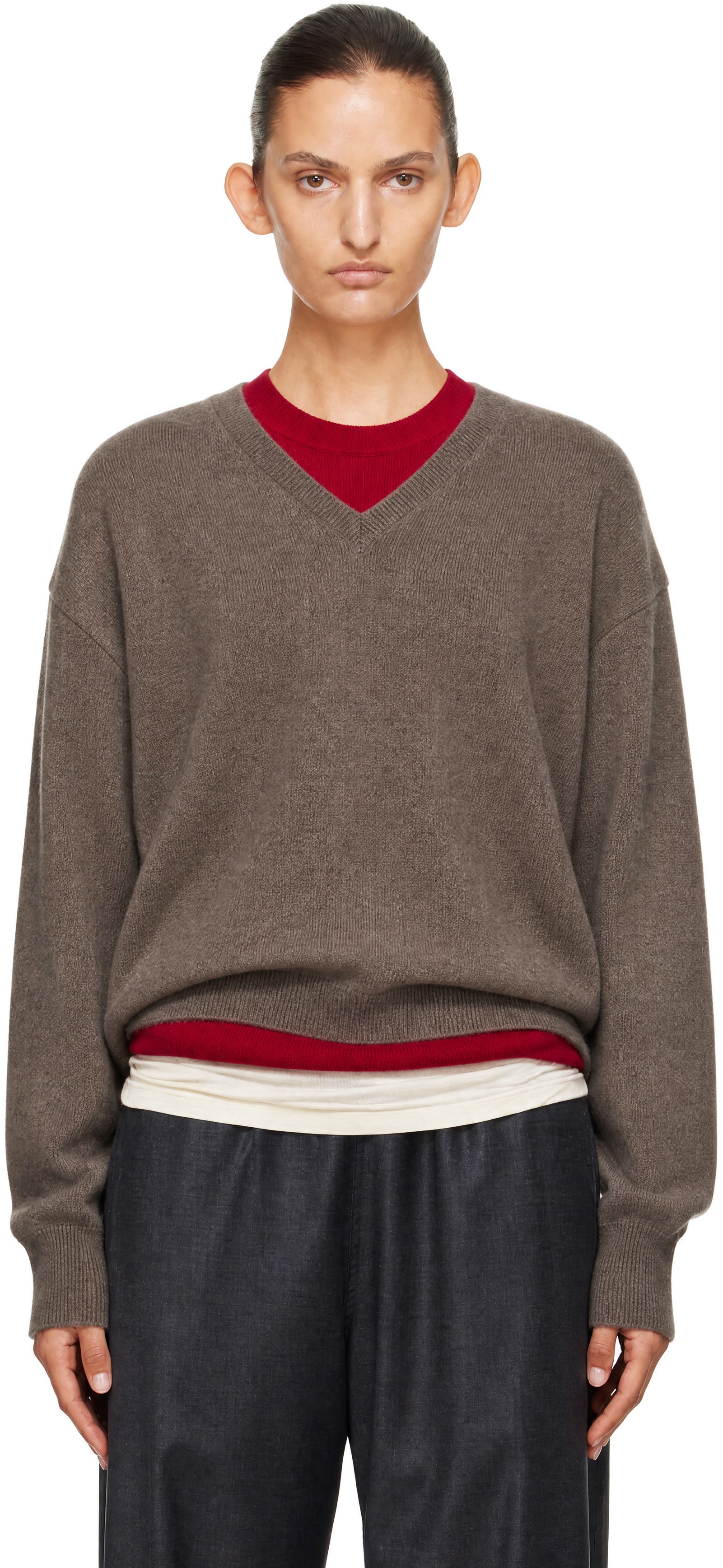ssstein: Taupe Pure Cashmere Knit V-Neck Sweater | SSENSE