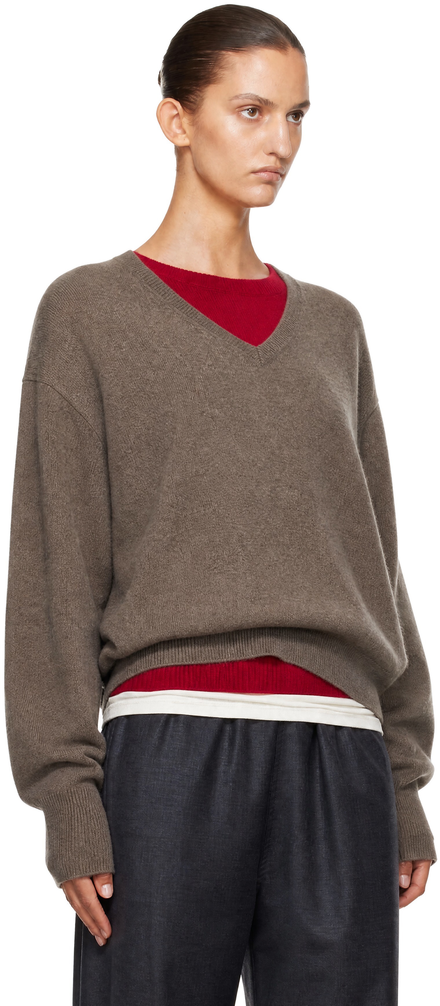 ssstein: Taupe Pure Cashmere Knit V-Neck Sweater | SSENSE