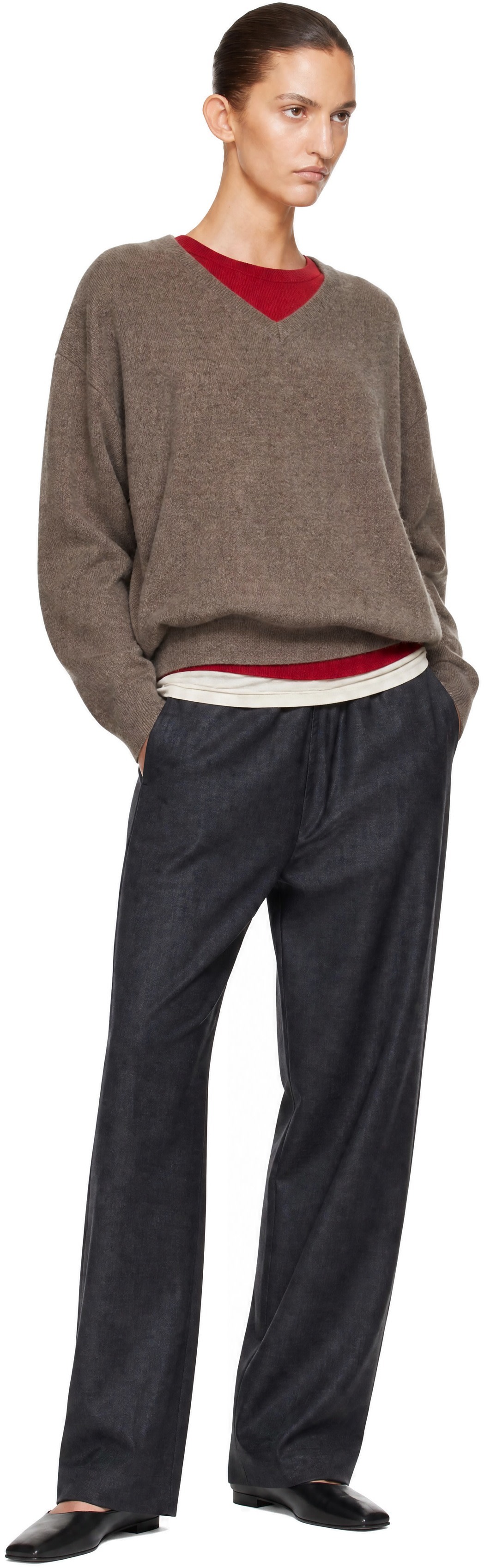 ssstein: Taupe Pure Cashmere Knit V-Neck Sweater | SSENSE