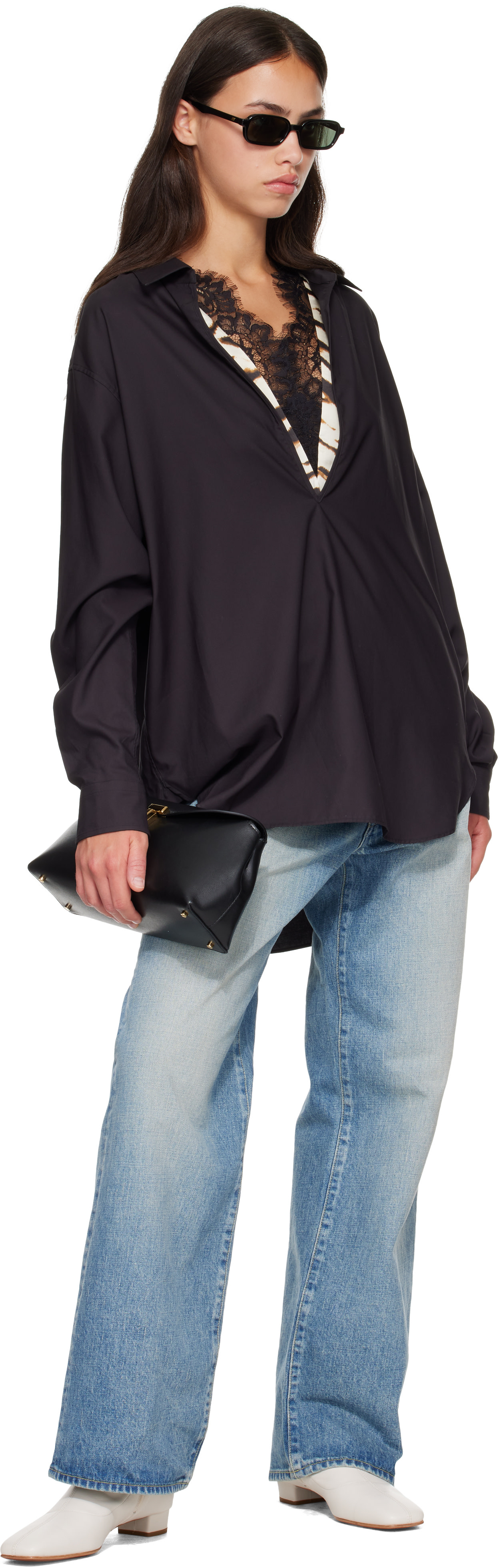 トップス ssstein-OVERSIZED SKIPPER SHIRT ssstein: Black Pima Cotton Oversized Skipper Shirt | SSENSE