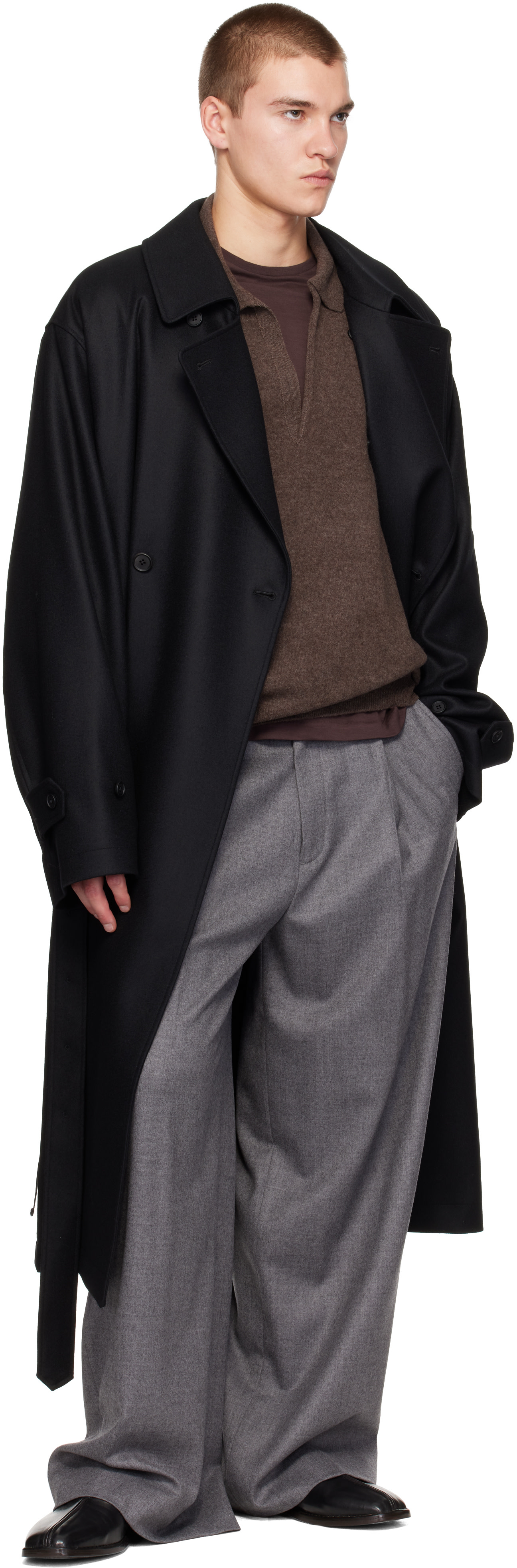 ssstein - Black Wool Melton Oversized Double Breasted Coat