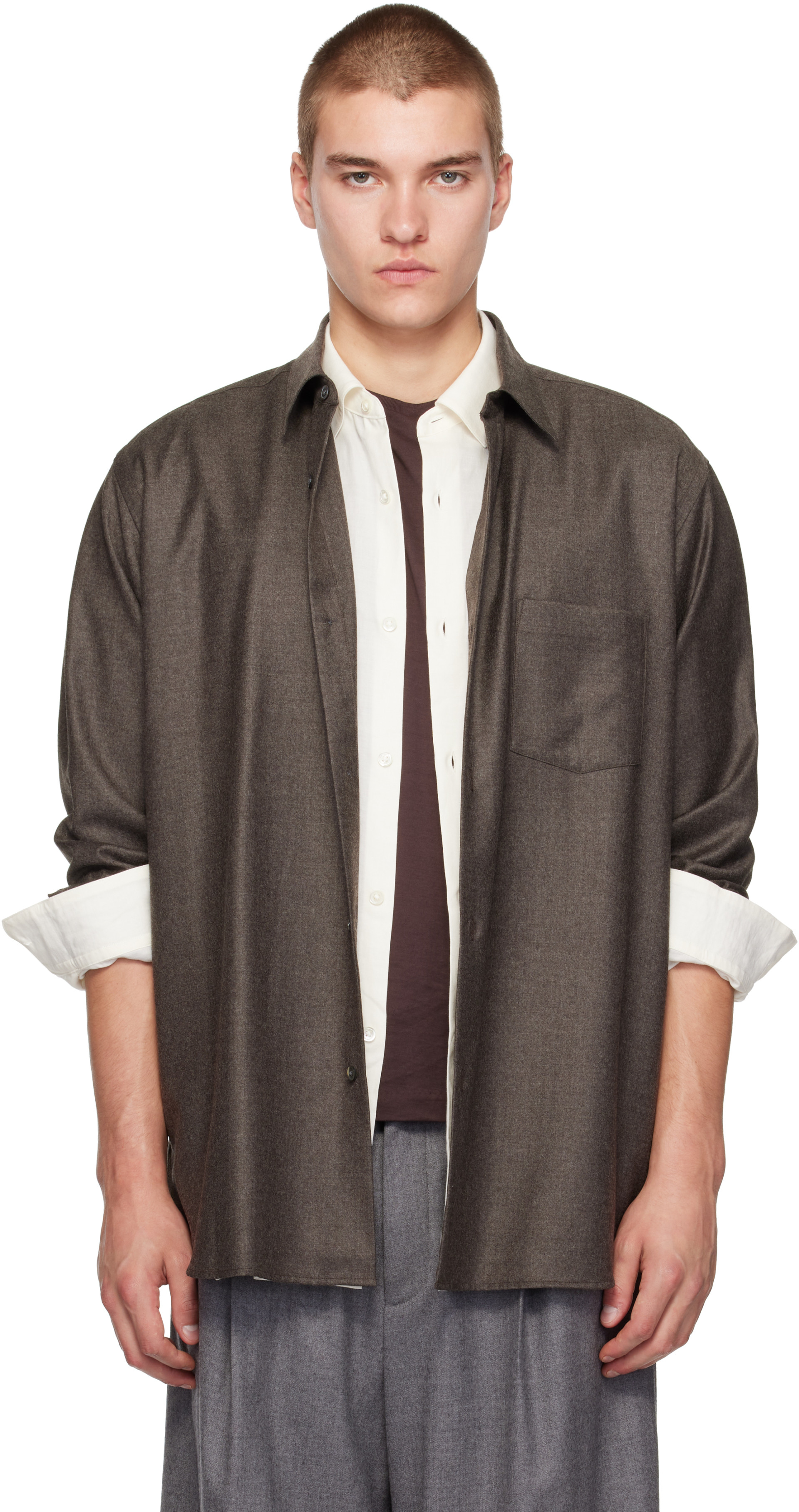 ssstein - Brown Extra Fine Wool Oversized Regular Collar Shirt