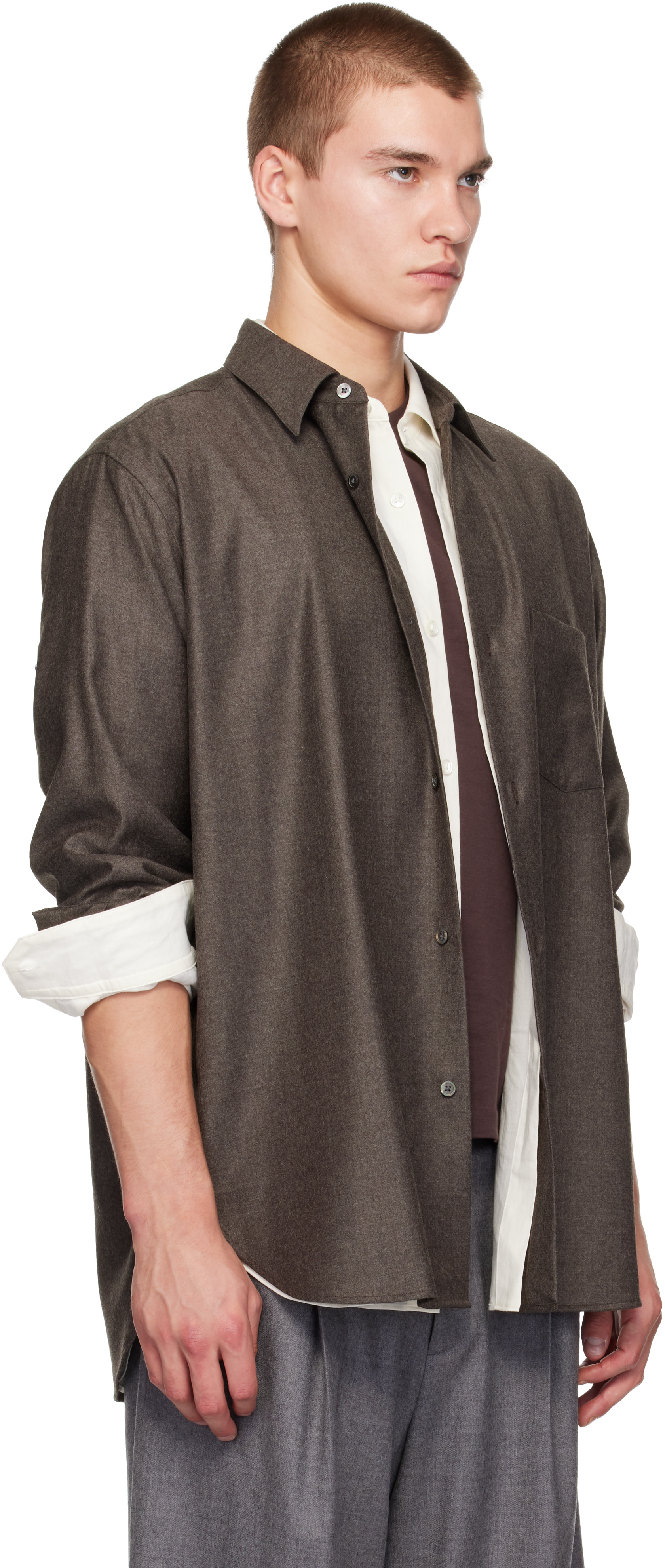 ssstein - Brown Extra Fine Wool Oversized Regular Collar Shirt