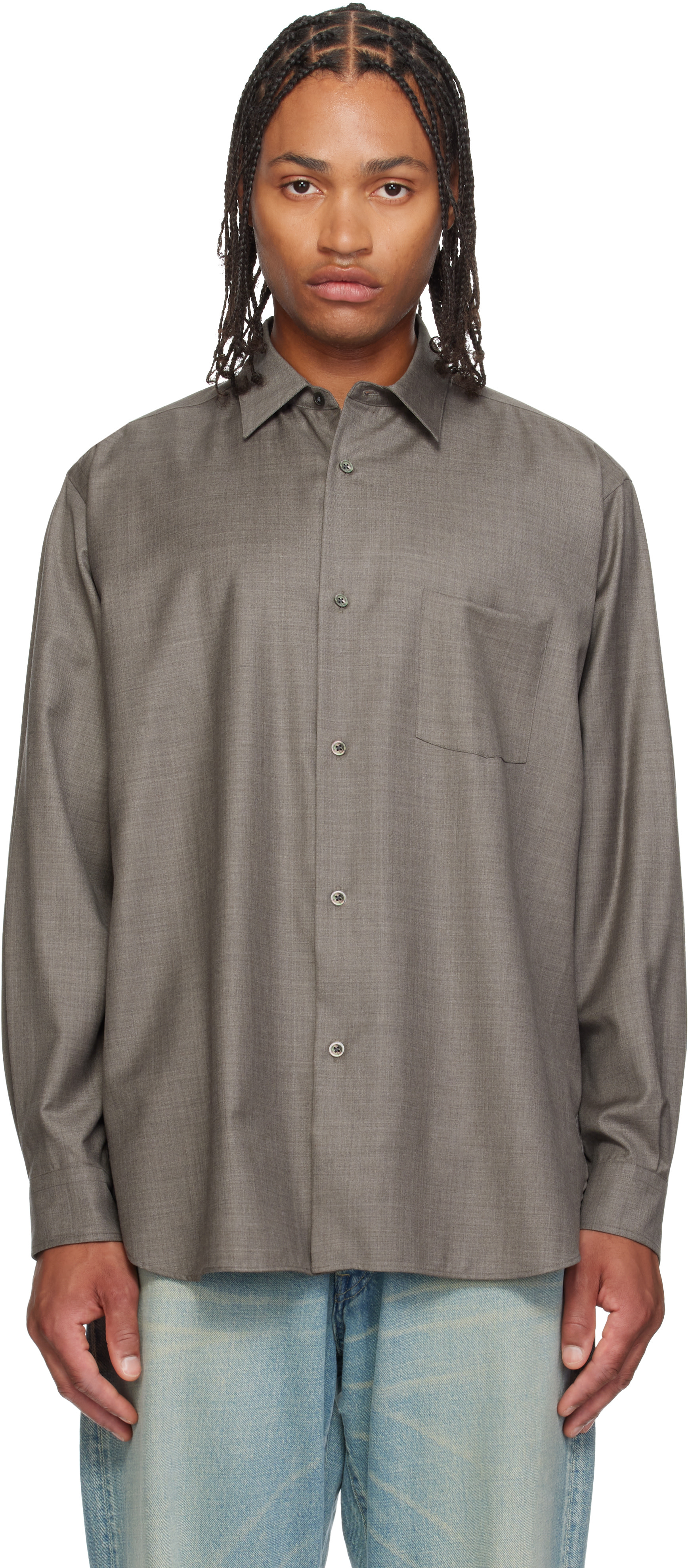 ssstein - Taupe Extra Fine Wool Oversized Regular Collar Shirt