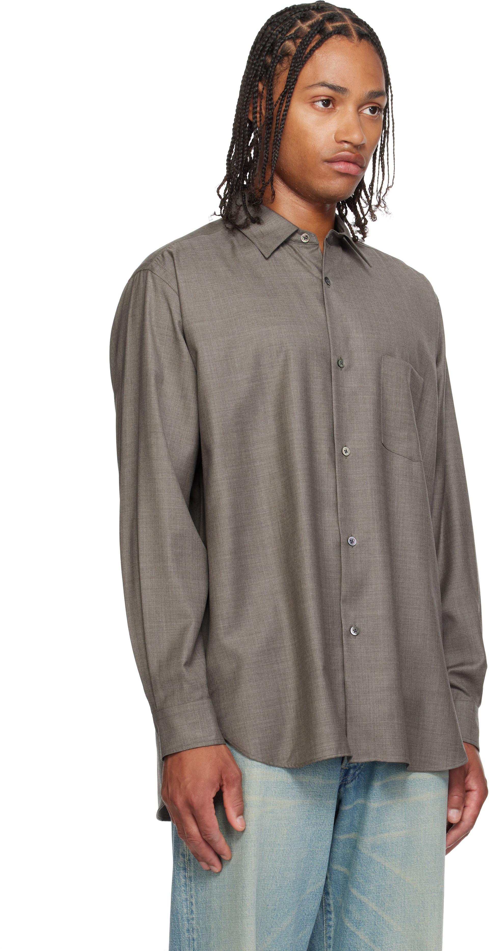 ssstein - Taupe Extra Fine Wool Oversized Regular Collar Shirt