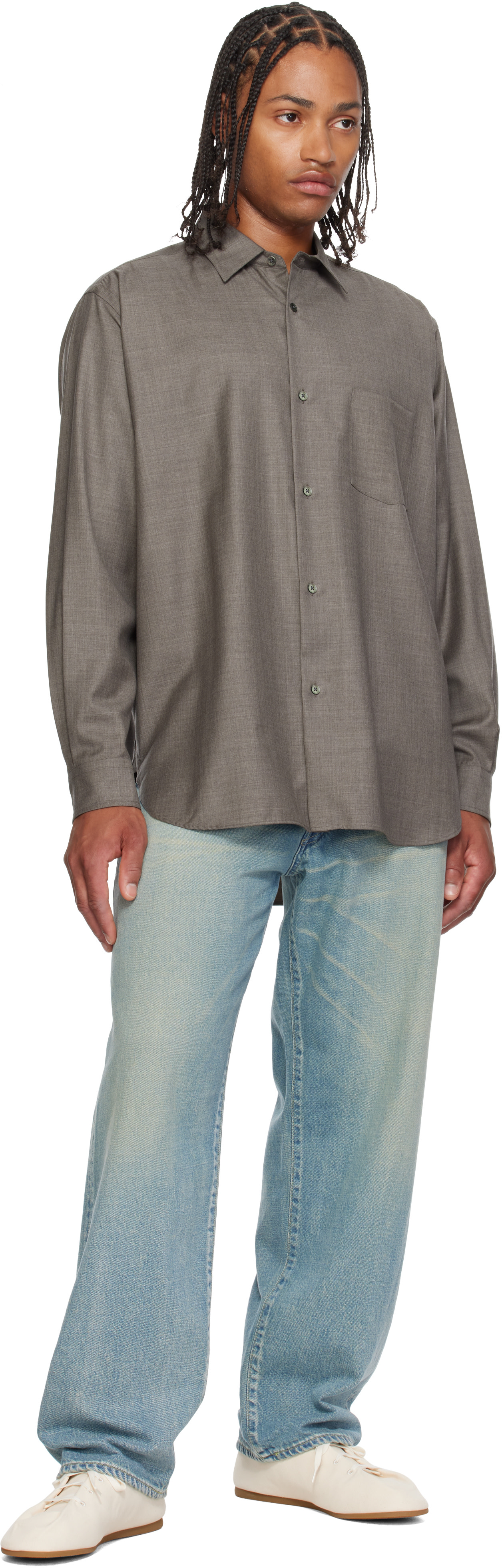 ssstein - Taupe Extra Fine Wool Oversized Regular Collar Shirt